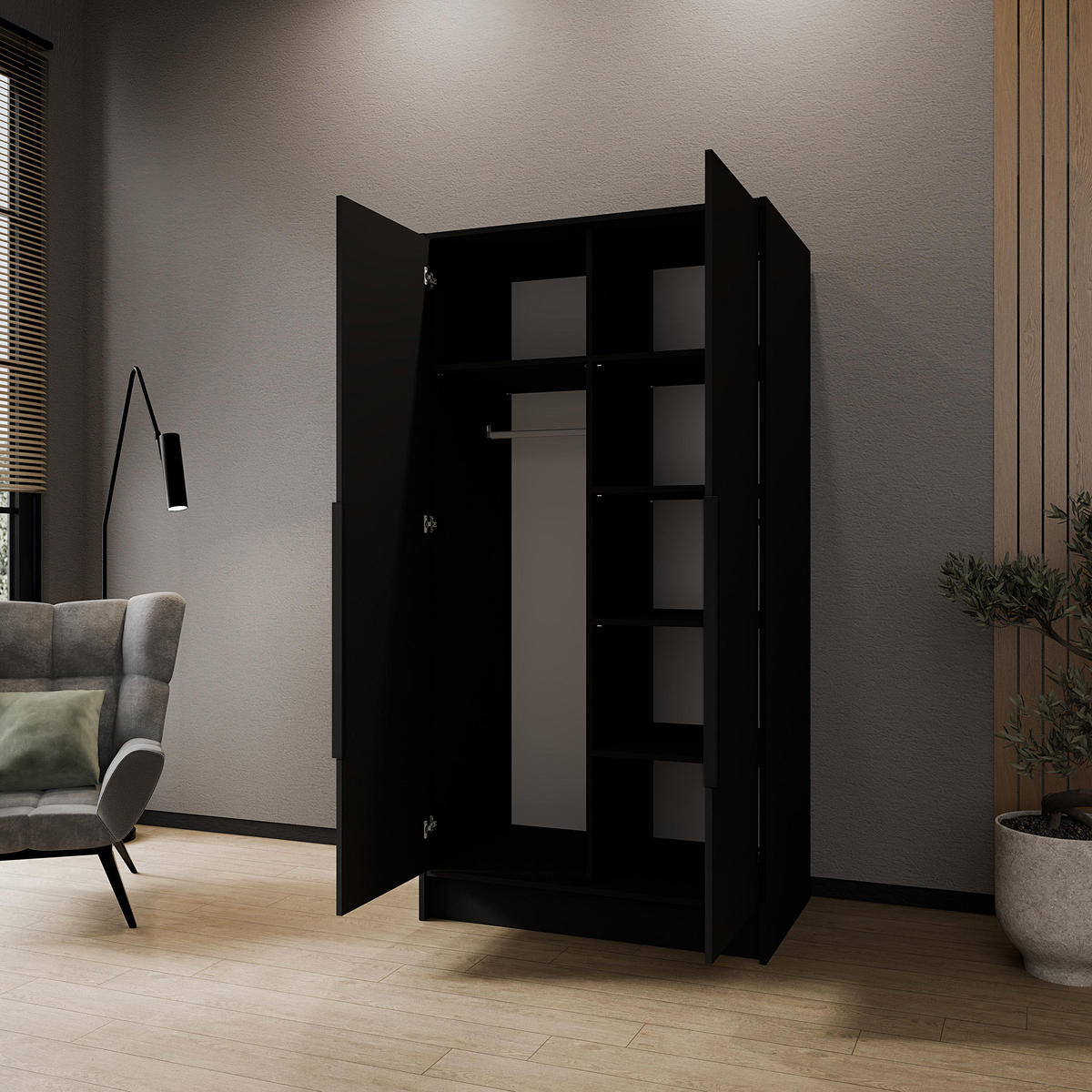 DREHTÜRENSCHRANK Laro mit Spiegel, Schwarz mit mit schwarzen Griffen, 100 cm - Schwarz, Holzwerkstoff (100/200/51cm) - Beautysofa