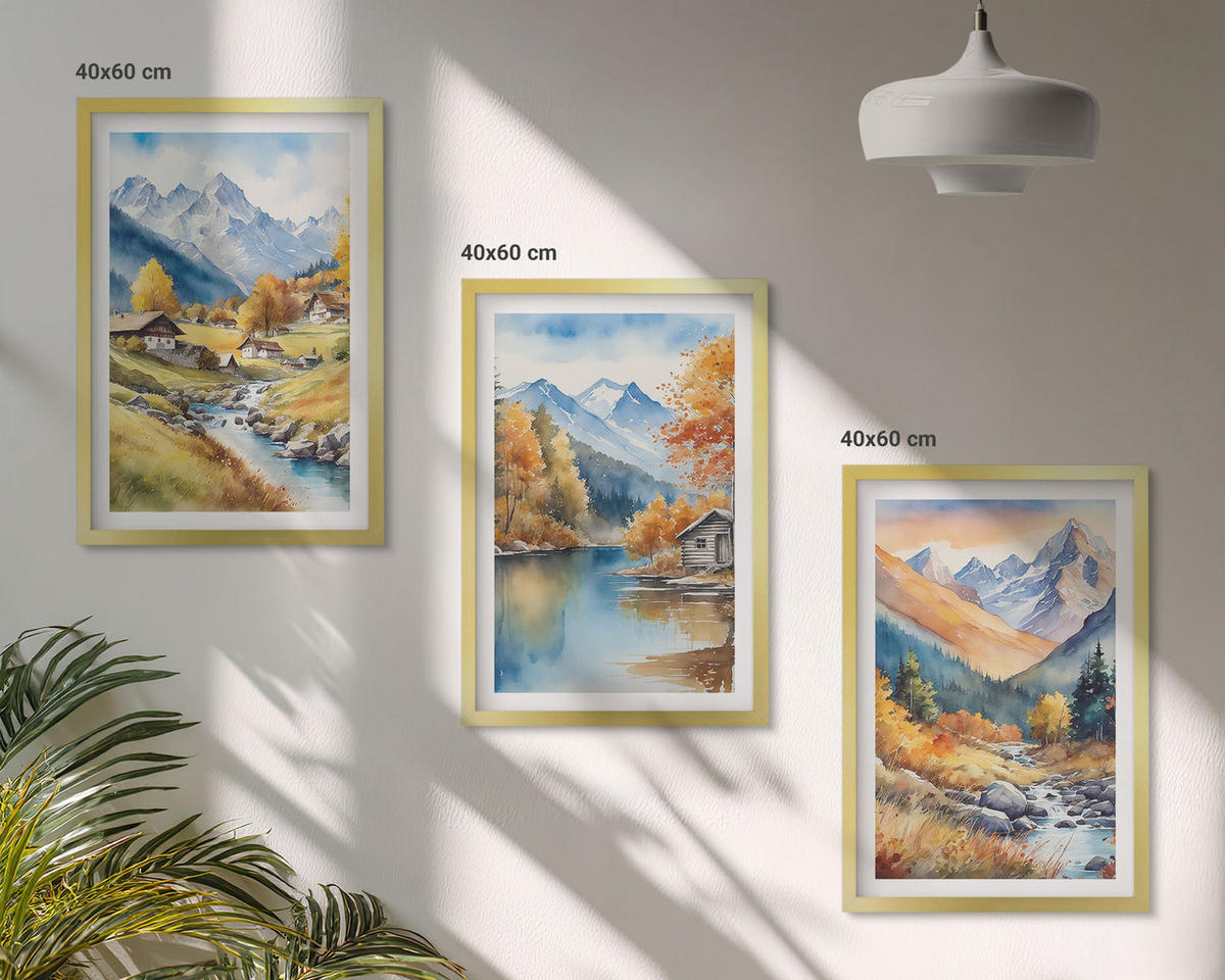 BILDER SET 3er Set - 40x60 cm Goldrahmen - Herbstliche Berge, Flusshäuser - Goldfarben, Kunststoff (40/60cm) - TULUP