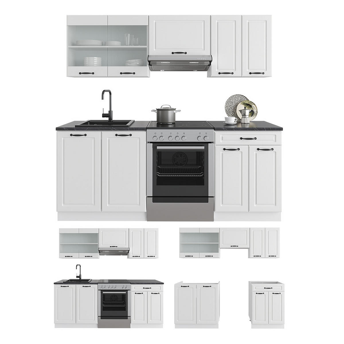 KÜCHENZEILE R-Line Weiß Landhaus/Weiß 200 cm, AP Marmor - Creme/Weiß, Holzwerkstoff (200/81.6/60cm) - Vicco