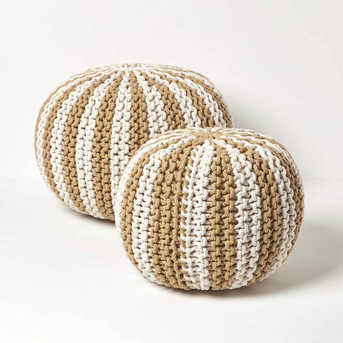 STRICKPOUF rund, beige-creme gestreift, 50/50/40 cm - Beige, Textil (50/40/50cm) - Homescapes