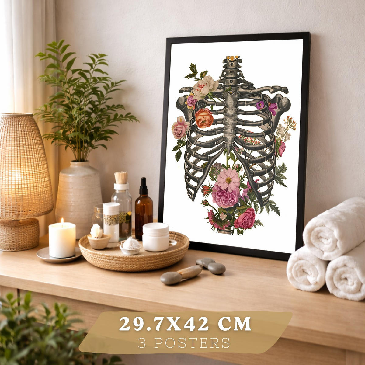 POSTER Set aus 3 Anatomie Mensch Drucke und mit Lungen Luftröhre Bronchien Rippen Wirbelsäule und Schädel Modernes Florales Größe Rahmenlos A3 - Klar, Papier (29.7/42/3cm) - Nacnic