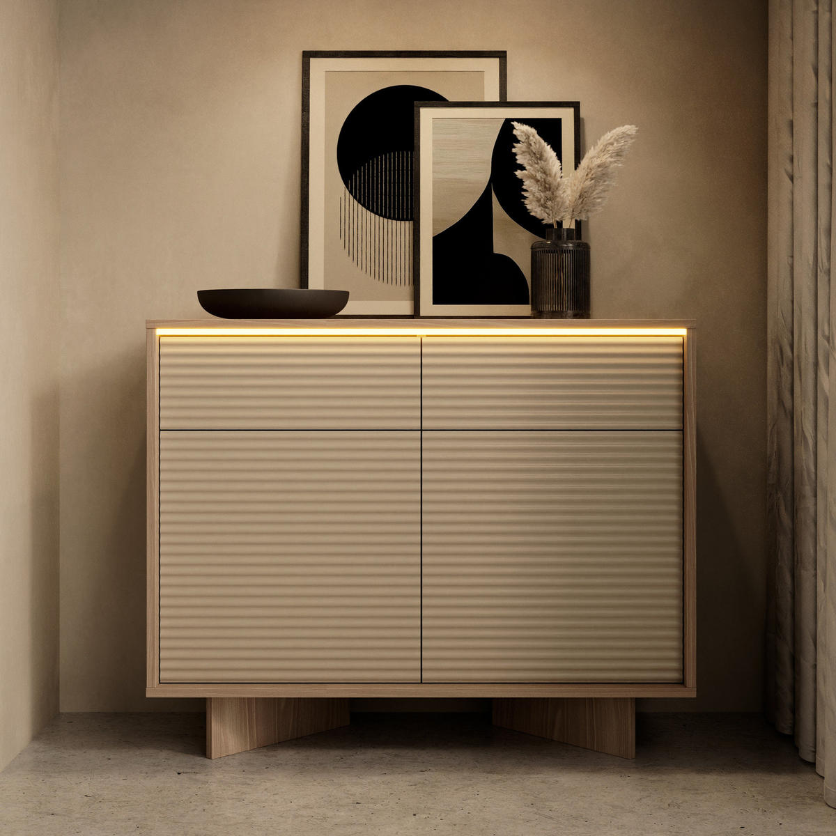 KOMMODE TORSANO (Bolivar Natur/Cappuccino, 2 Türen, 2 Schubladen, LED-Beleuchtung, Push-to-Open) - Eichefarben/Beige, Holz/Holzwerkstoff (104/84/40cm) - Ravio
