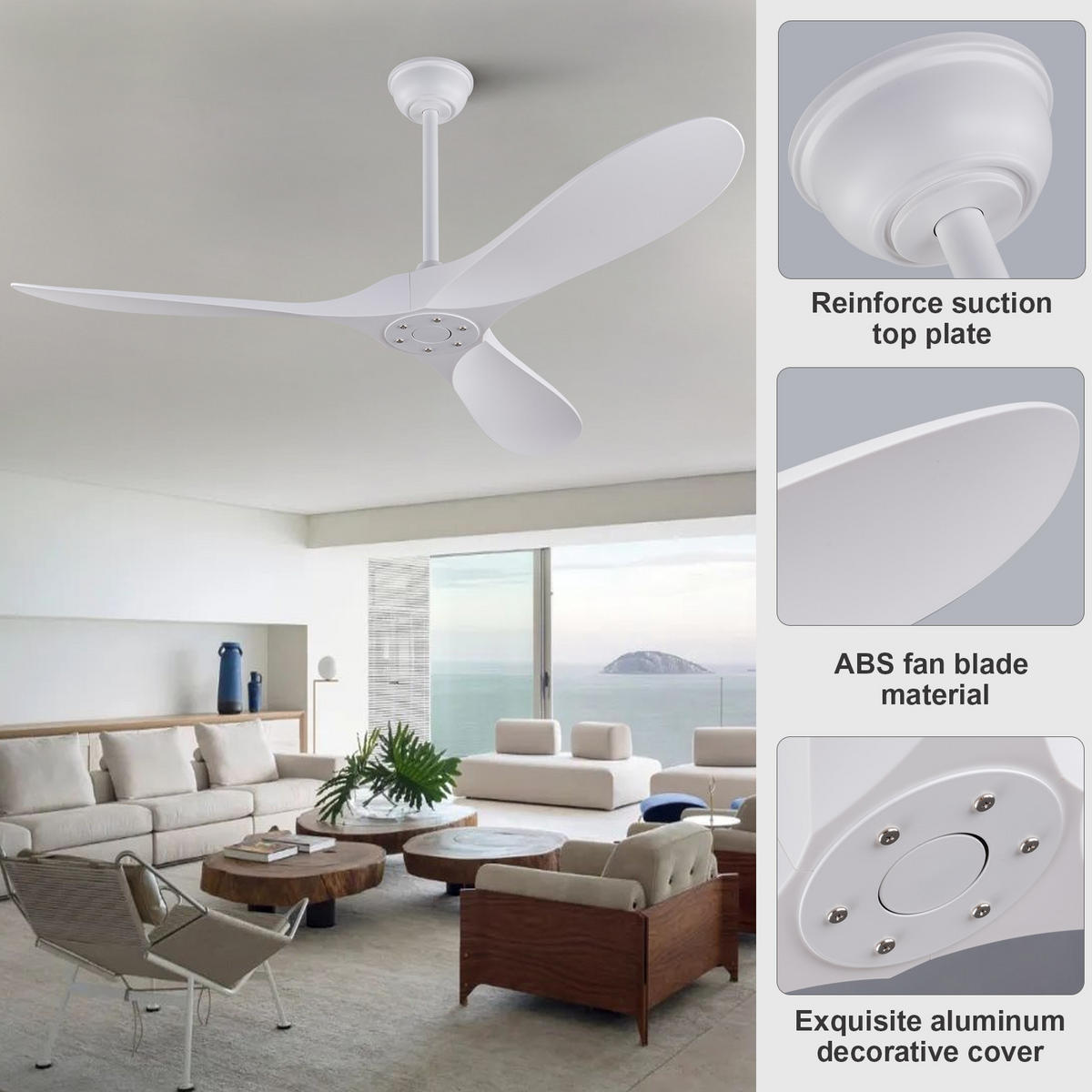 DECKENVENTILATOR 52Zoll Weiß Ohne Licht ABS Flügel DC Motor Timer - Weiß, Kunststoff (132/132/39cm) - CASIVA