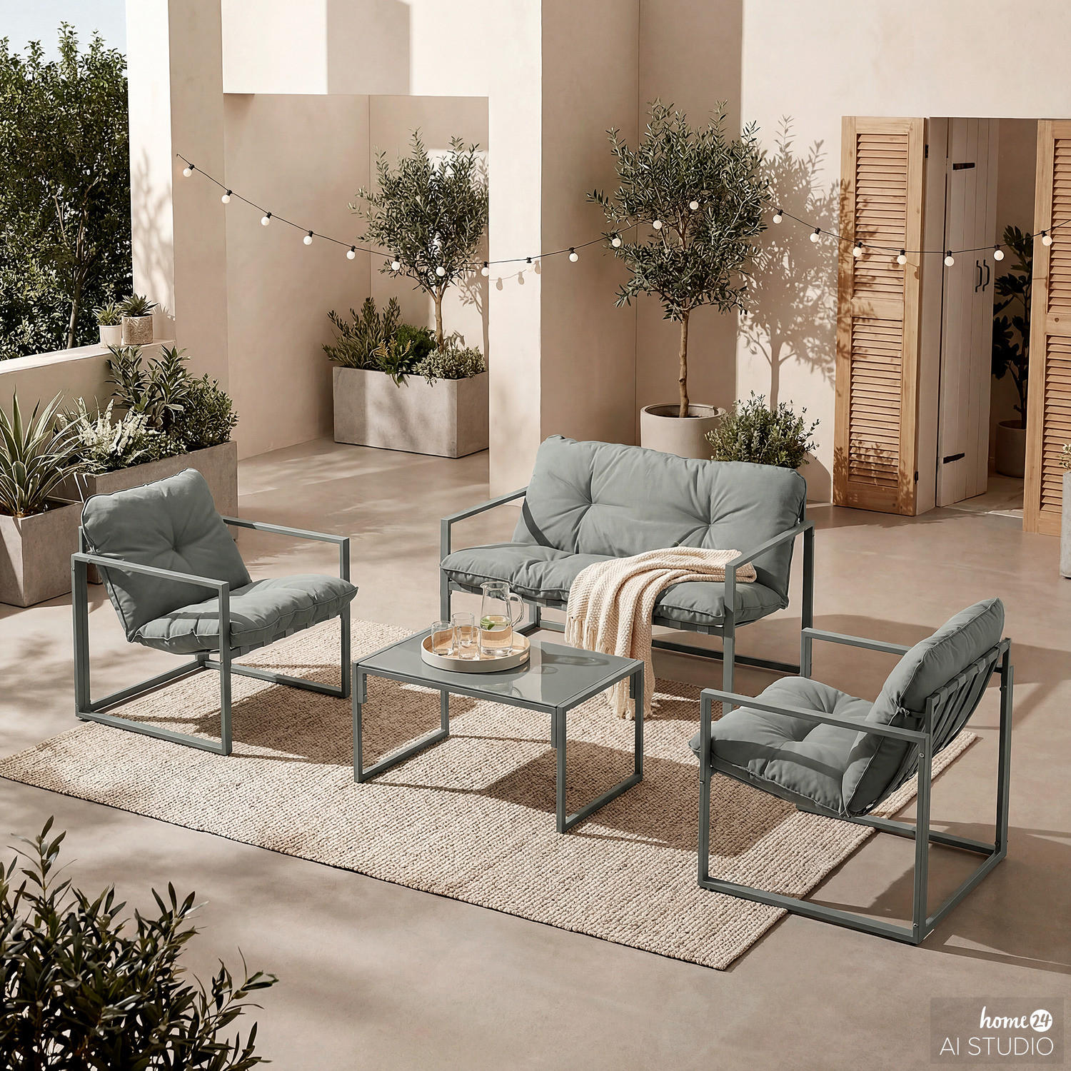 GARTENSITZGRUPPE - Eisen / Polyester - Schwarz / Grau - 4-teilig - Grau, Glas/Textil - home24