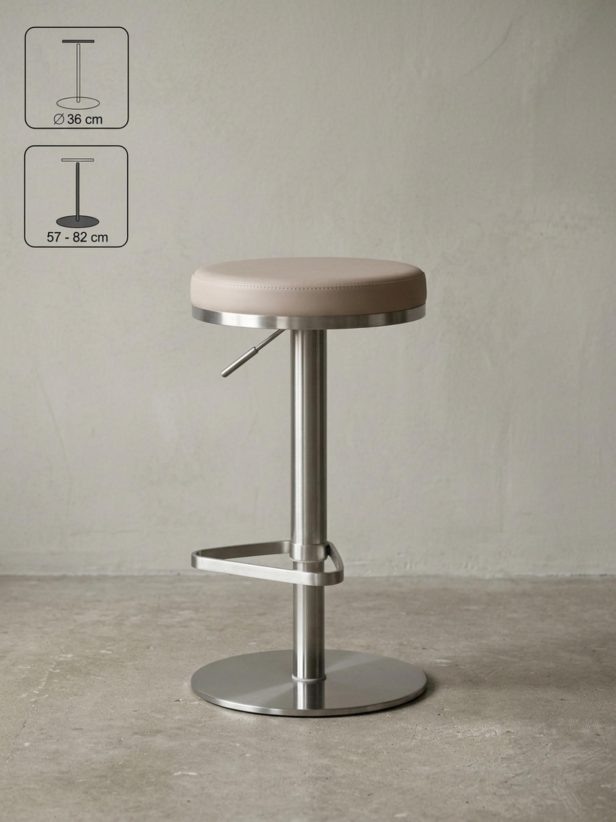 BARHOCKER Höhenverstellbar Gepolstert Triangel-Fußablage ELBE, Beige 38x38x82 cm - Beige/Silberfarben, Kunststoff/Textil (38/82/38cm) - KADIMA DESIGN