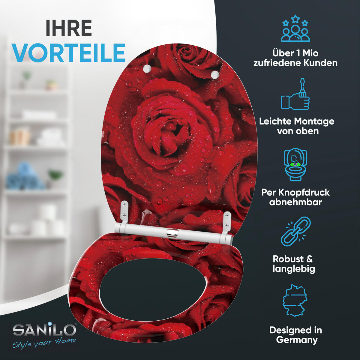 WC-SITZ mit Absenkautomatik & Top Fix Rosen - Rot, Holzwerkstoff (37.7/5.5/48cm) - Sanilo