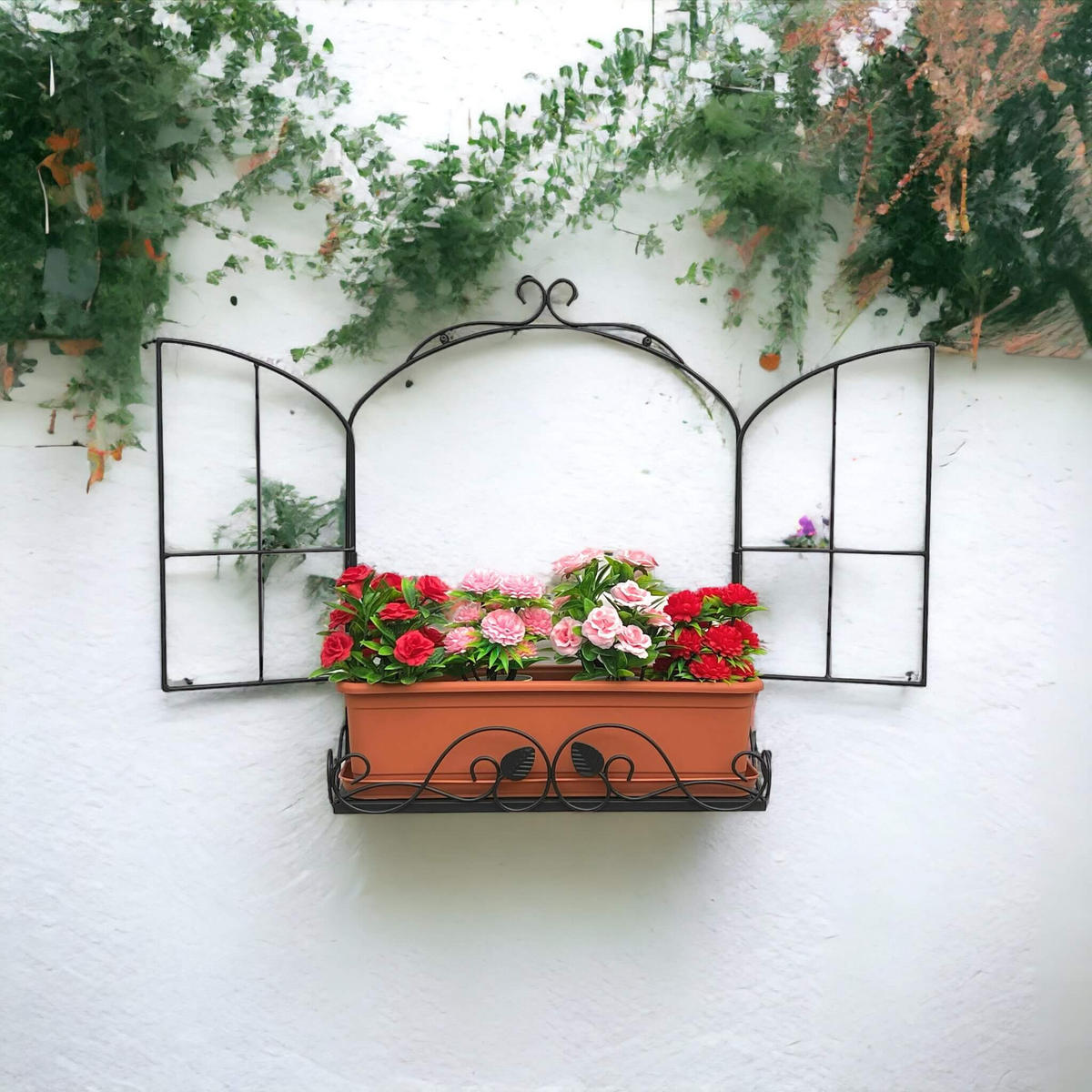 BLUMENREGAL Fenster Schwarz Metall für die Wand - Schwarz, Metall (52/62/18cm) - DanDiBo