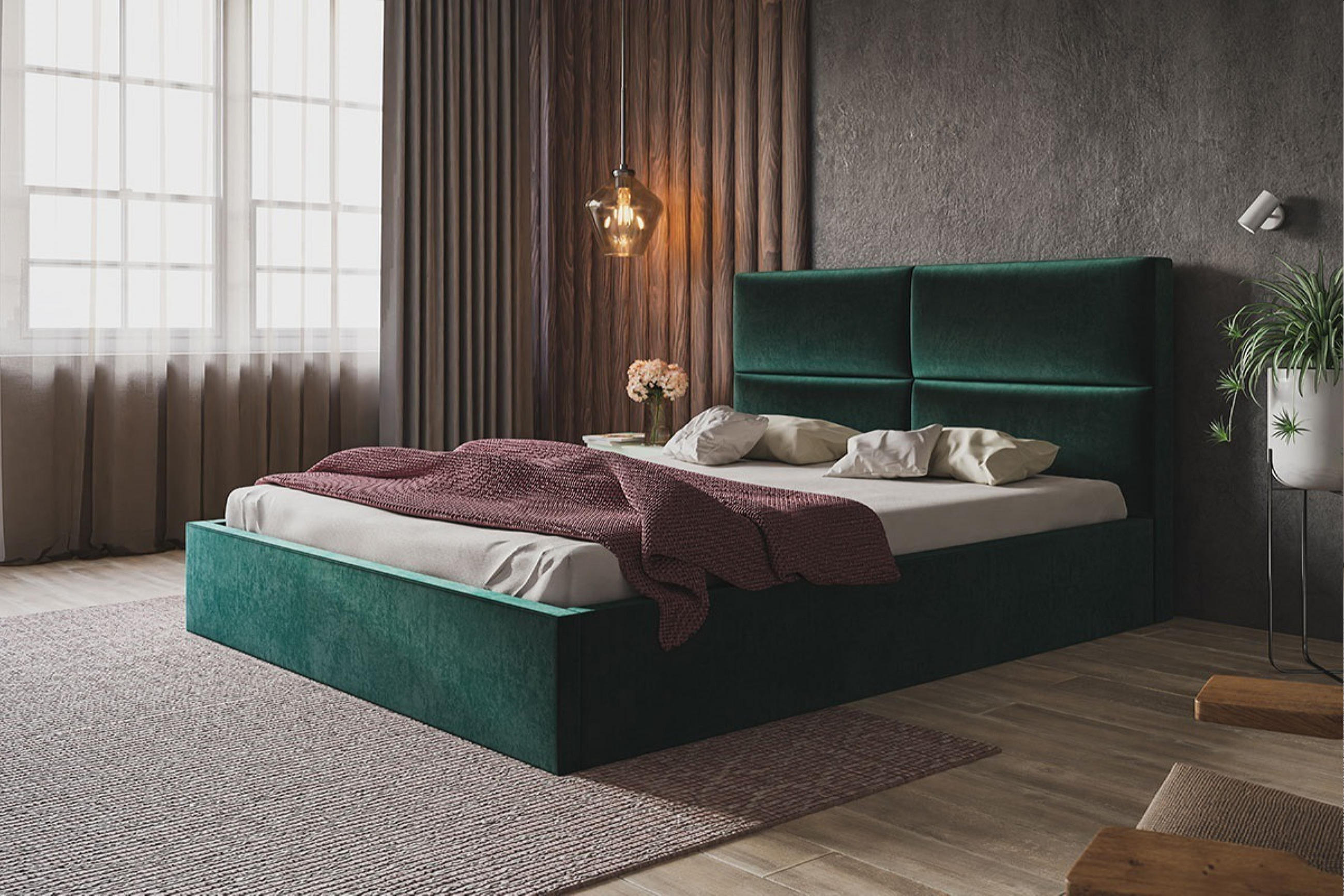 POLSTERBETT LIZBONA SLIM, 140 x 200 cm mit Bettkasten und Lattenrost aus Holz, Farbe: Grün, Velourestoff - Grün, Holz/Kunststoff - Alpi-Möbel