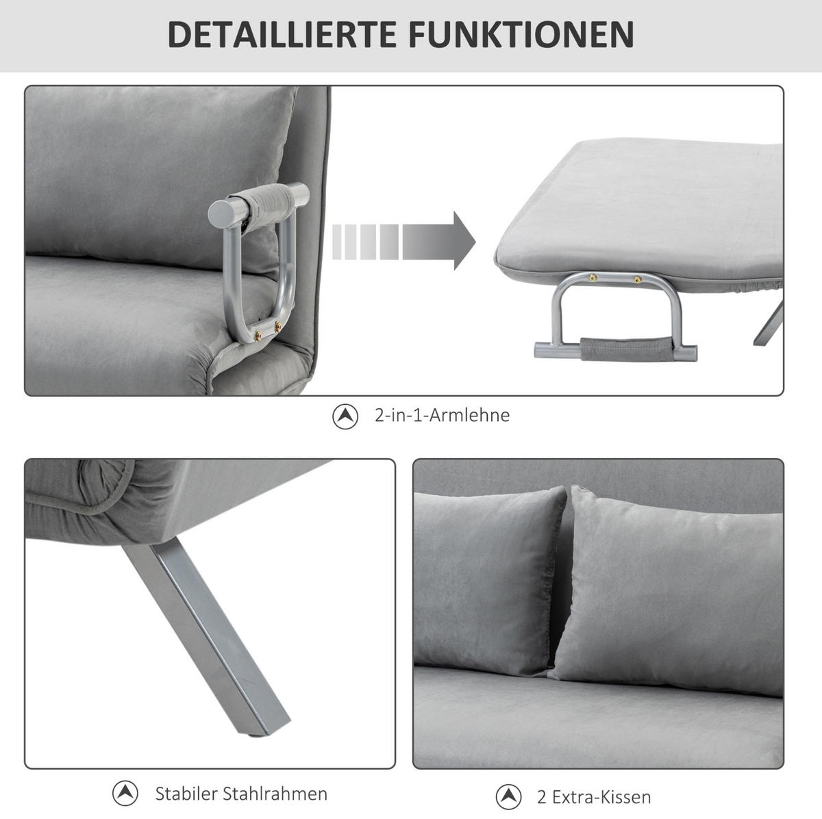 SCHLAFSOFA Zweisitzer Polyester mit verstellbarer Rückenlehne 111/80/78 cm Hellgrau - Hellgrau, Metall (80/78/111cm) - Redom