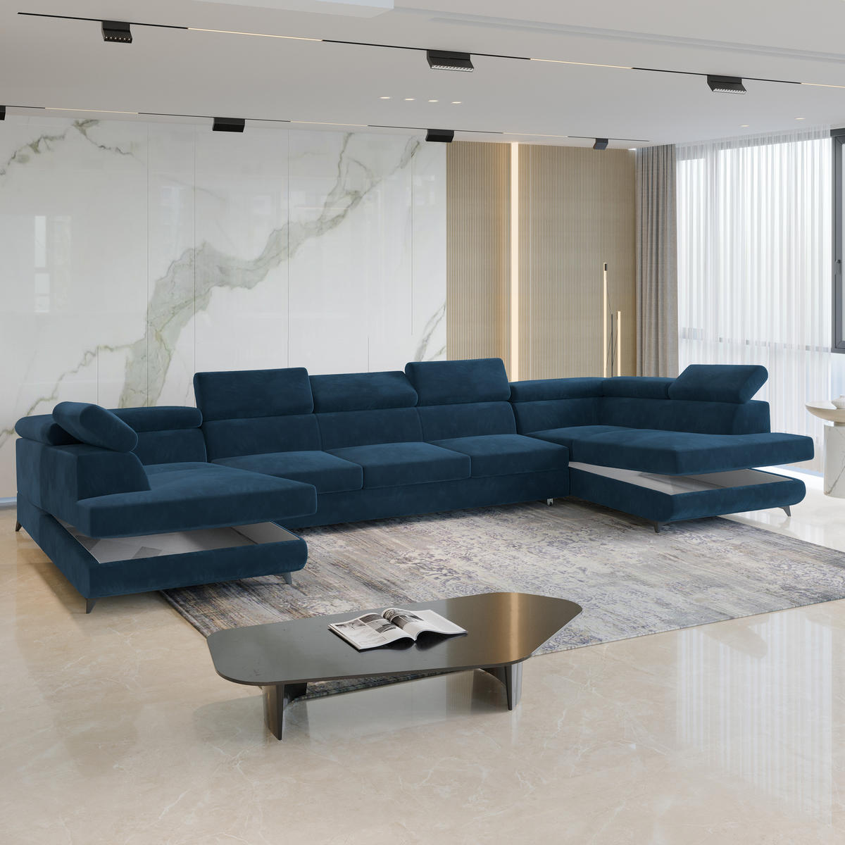 WOHNLANDSCHAFT URMANO Blau Velours-Stoff mit Schlaffunktion - Blau, Holz (395/89/190cm) - MASSENO