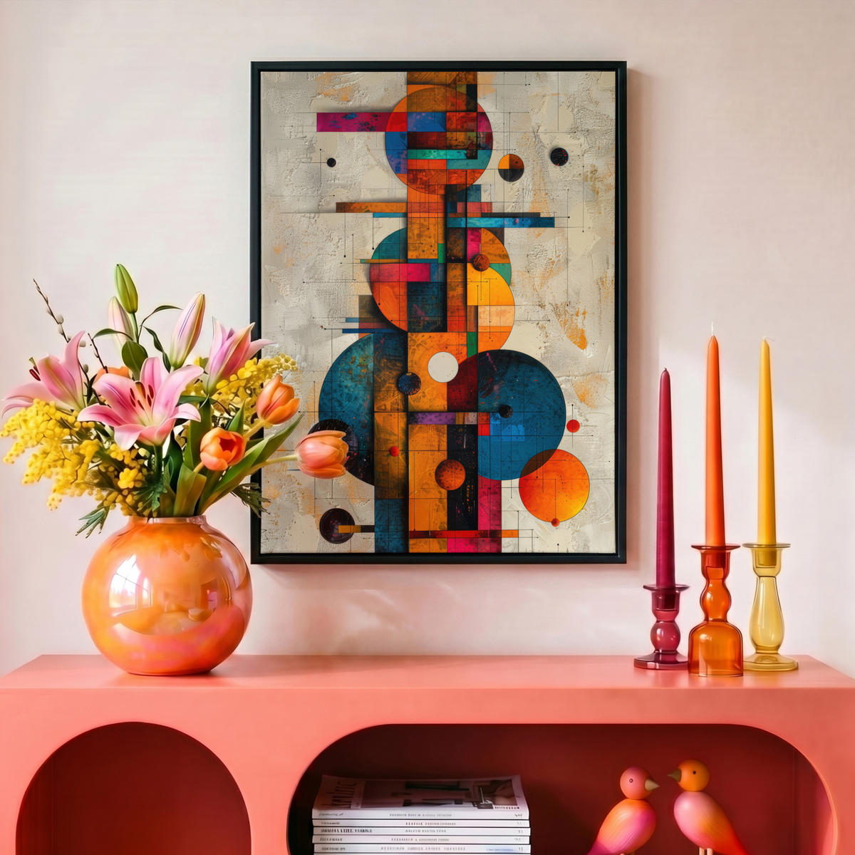 LEINWAND Bilder mit Rahmen - Vintage - Moderne Kunst - Orange - Geometrische Formen - 30x40 - Multicolor, Textil (30/40cm) - MuchoWow