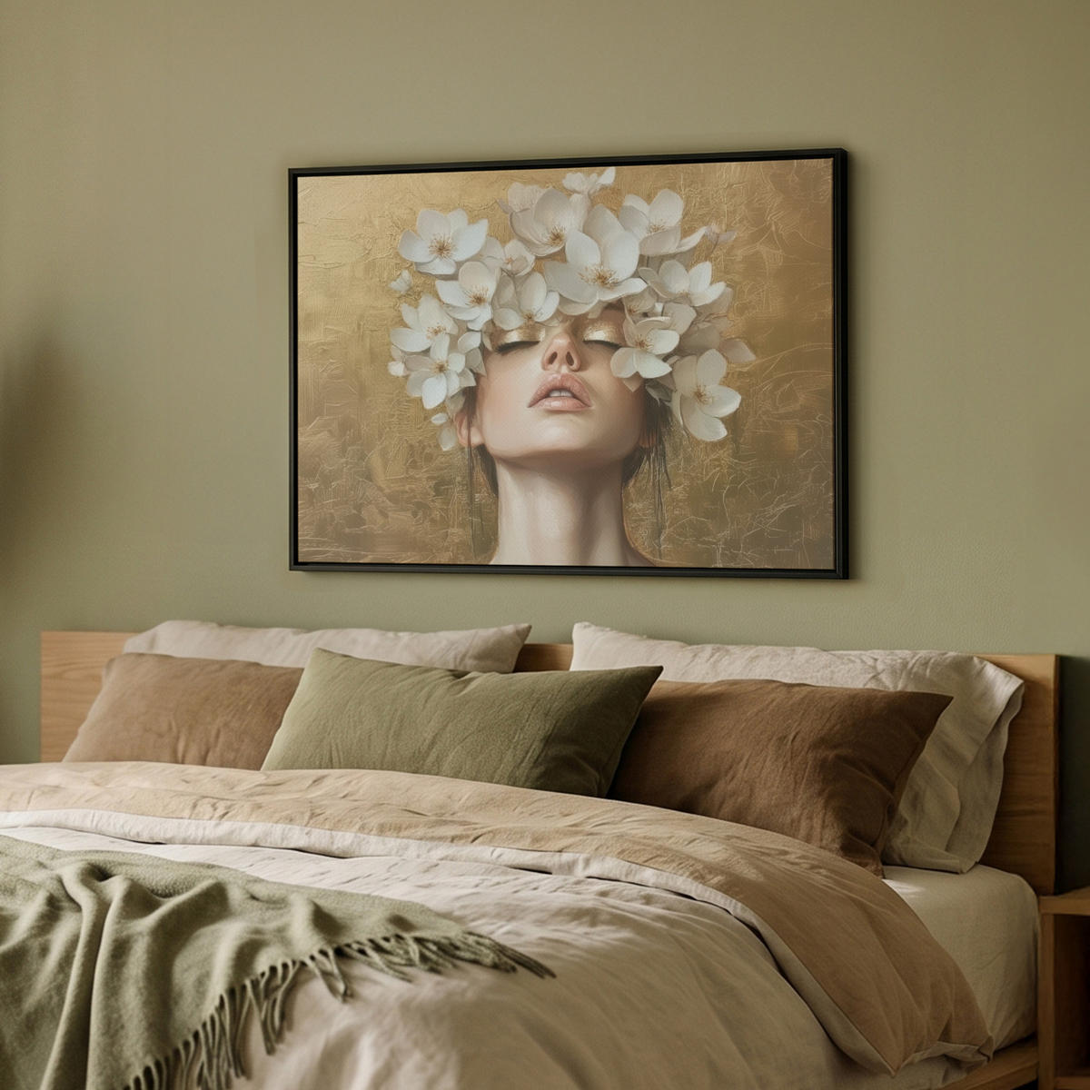 LEINWAND Bilder mit Rahmen - Gesicht - Blumen - Gold - Abstrakt - 70x50 - Goldfarben, Textil (70/50cm) - MuchoWow