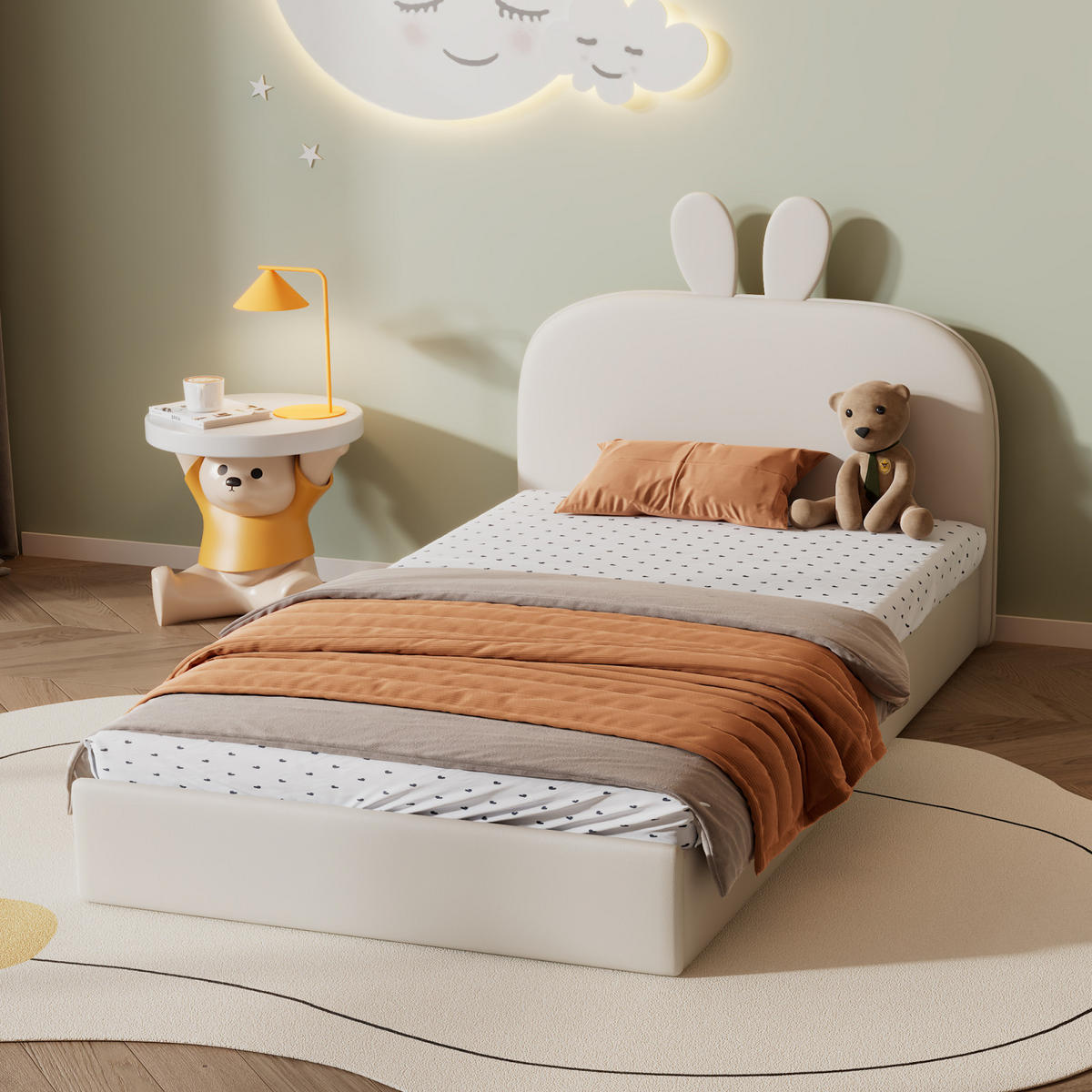 POLSTERBETT 90x200 cm mit Hasen-Kopfteil, Lattenrost, Samt, Beige - Beige, Holz (90/200cm)