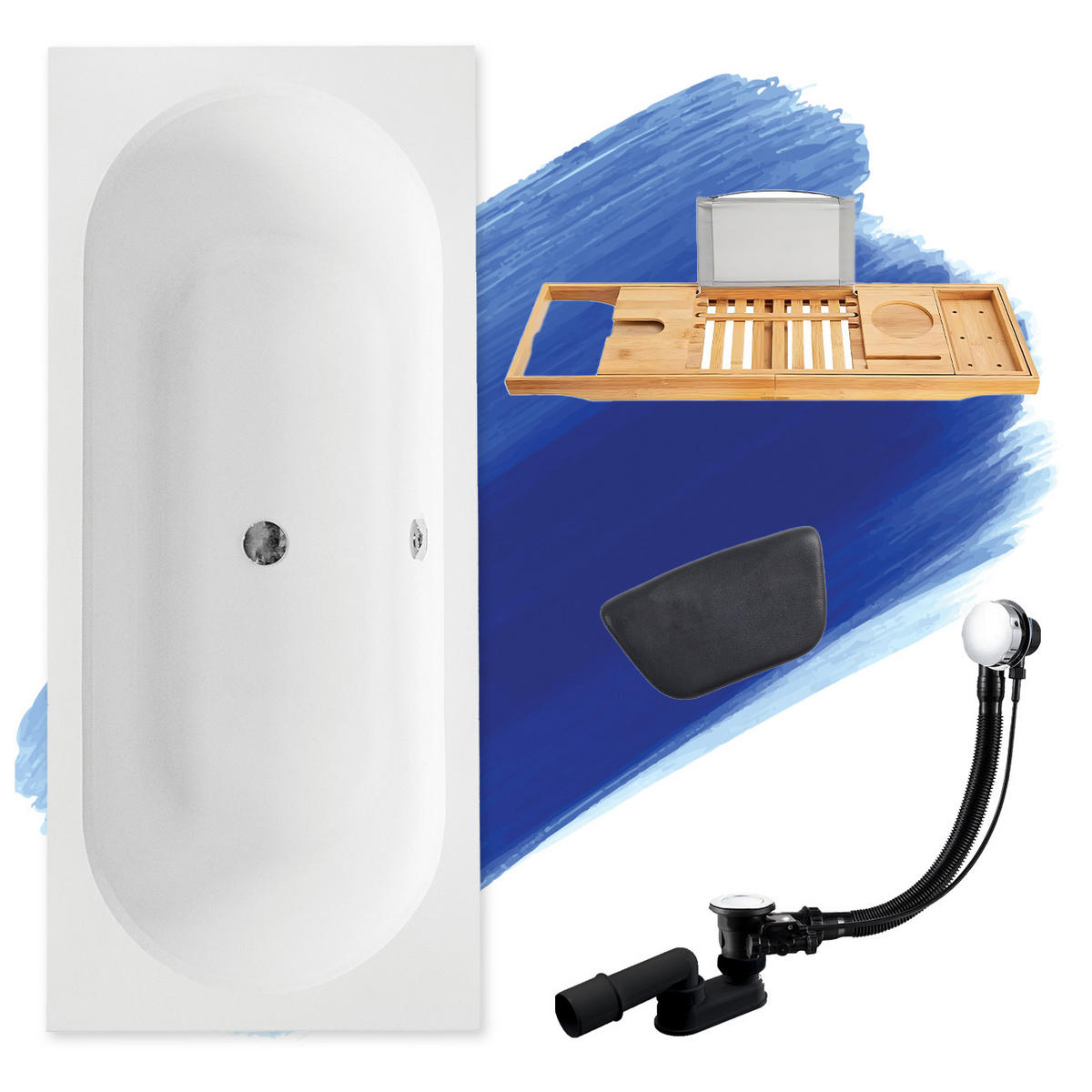 BADEWANNE Rechteck VITAE 170/75 + Ablage + Kopfstütze Ablauf Füße - Weiß, Kunststoff (75/55.5/170cm) - bad land