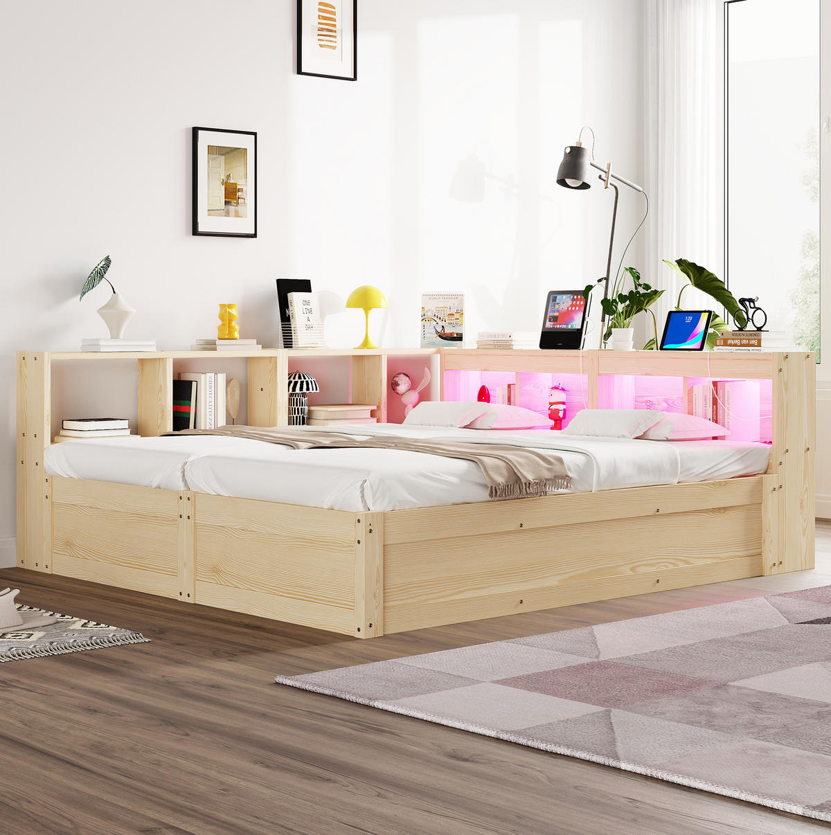 BETT 90/180/200 cm aus MDF mit LED, Naturholz - Naturfarben, Holzwerkstoff (90/200cm) - OKMYHOME