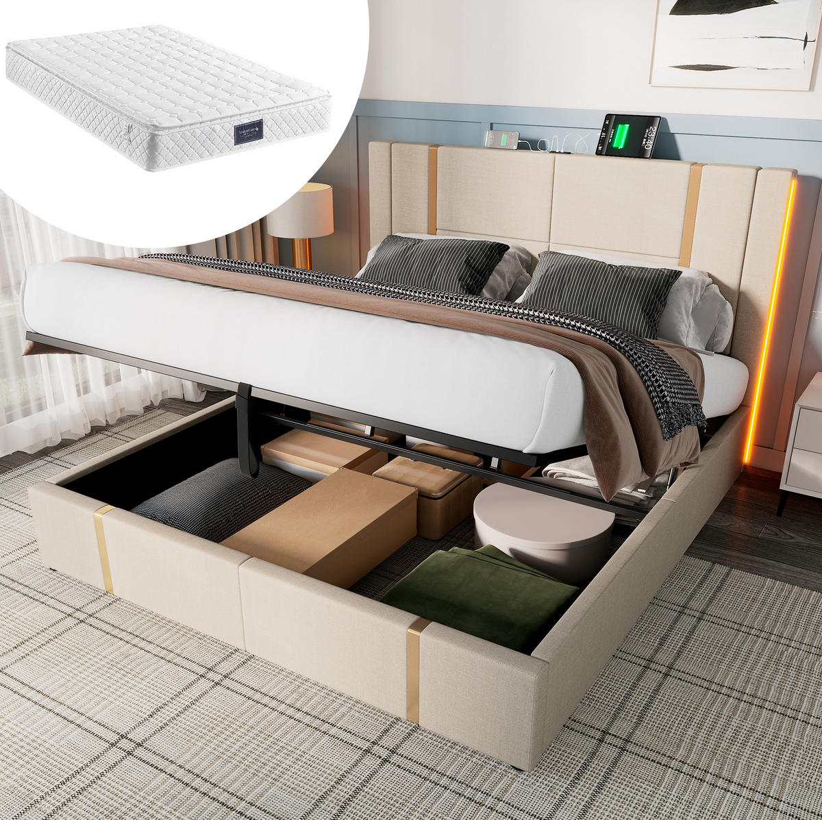 ČALOUNĚNÁ postel 160/200 cm s LED osvětlením, USB a USB-C, úložným prostorem a matrací, Béžová - béžová, textil (160/200cm) - Redom