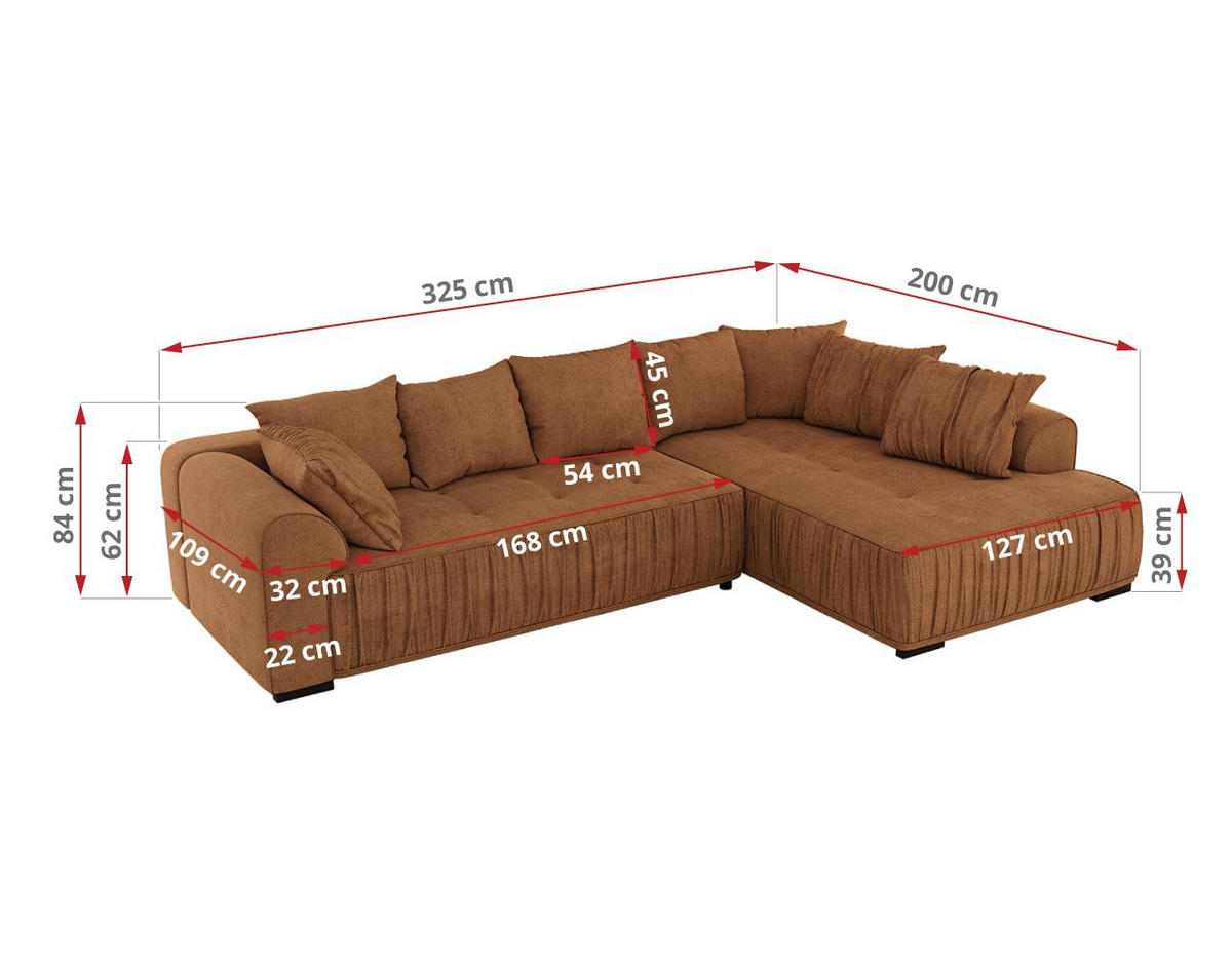 ECKSOFA ORTA Orange Stukture - Links - Schwarz/Orange, Textil (325/200cm) - MKS