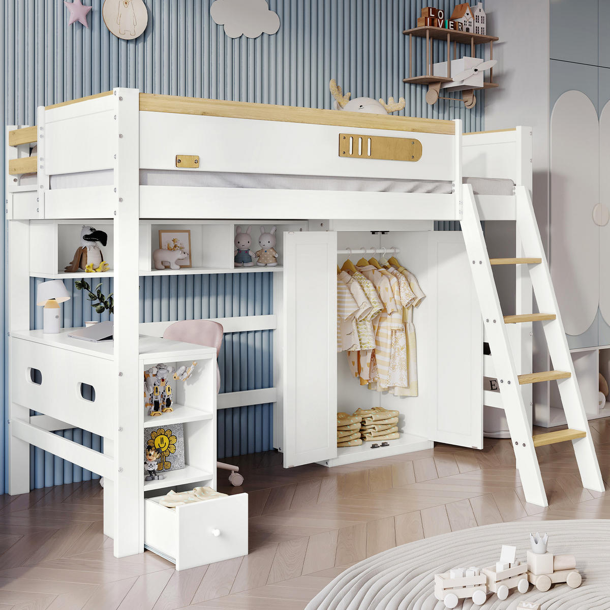 ETAGENBETT 90/200 cm weiß aus Massivholz mit Tisch und Kleiderschrank - Weiß, Holz (90/200cm) - OKWISH