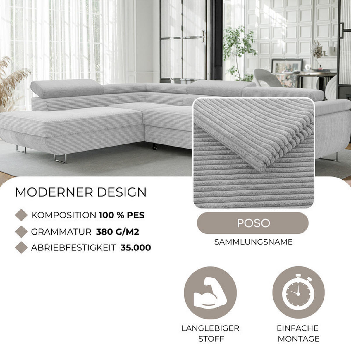ECKSOFA ANTON mit Schlaffunktion und Bettkasten Hellgrau - Hellgrau, Holzwerkstoff/Kunststoff (274/203cm) - Idohome