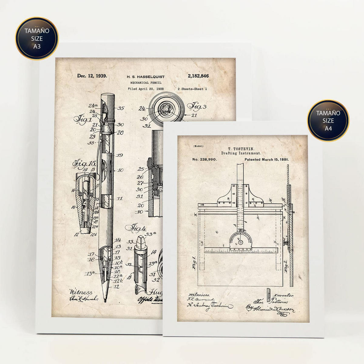 POSTER Set Mit 6 Plakaten Mit Messwerkzeug Patenten Im Vintage Stil A3 & A4 Weißer Rahmen - Weiß, Papier (29/3cm) - Nacnic