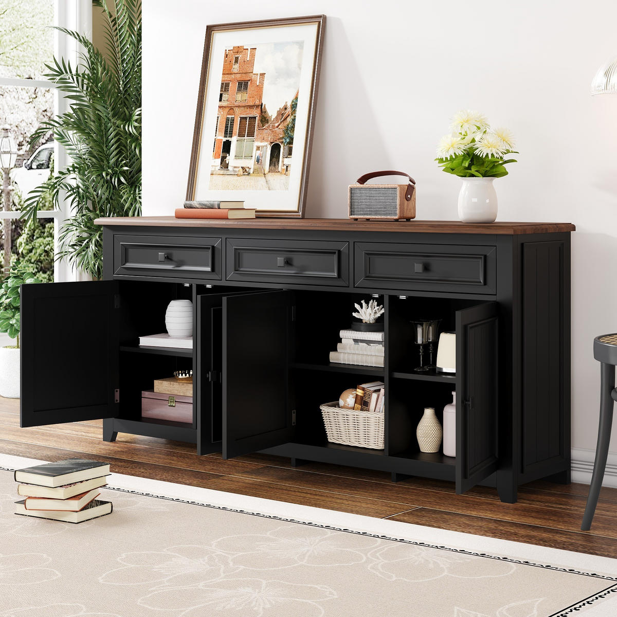 SIDEBOARD 160cm modern Anrichte Buffet Stauraum Wohnzimmer - Schwarz, Holzwerkstoff (35/76/160cm) - FLIEKS