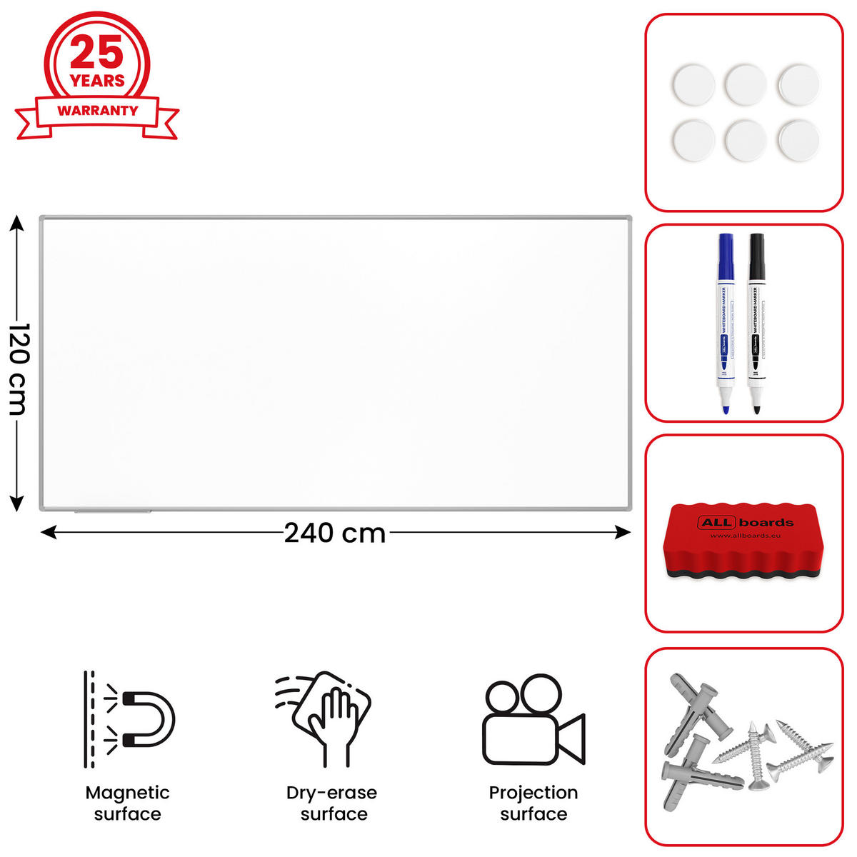 MAGNETISCHE Schreibtafel emailliert P3 - 240x120 cm - Braun, Metall (240/120/1.6cm) - ALLboards