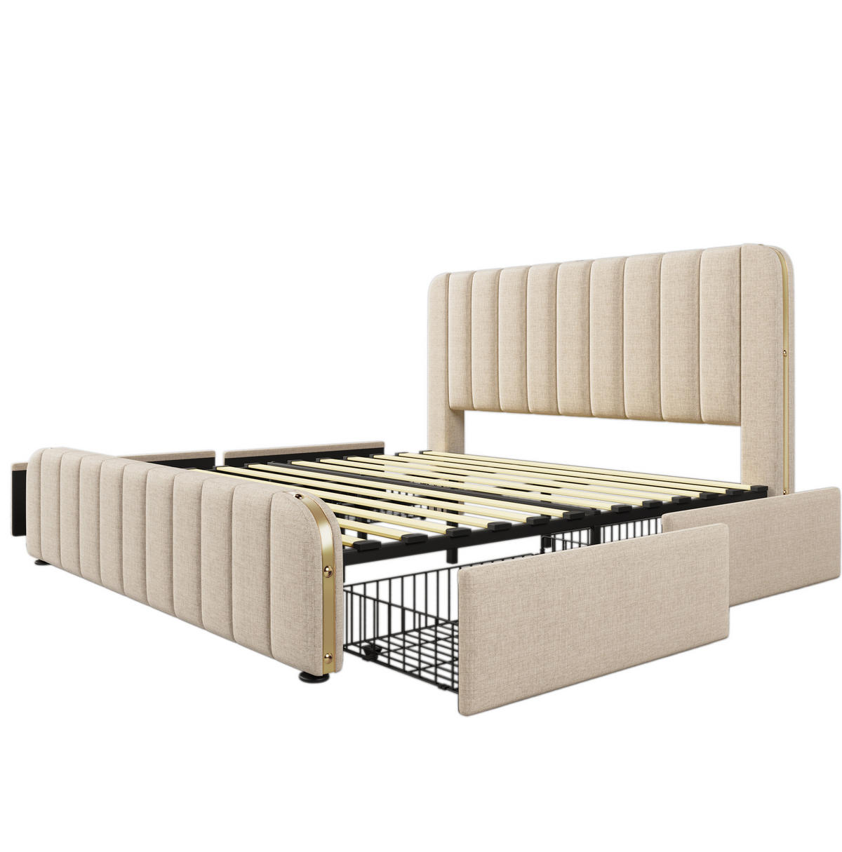 POLSTERBETT 180/200 cm Beige aus Leinen mit 4 Schubladen und USB- und Type-C-Anschlüssen - Beige, Textil (180/200cm) - Flora Grace