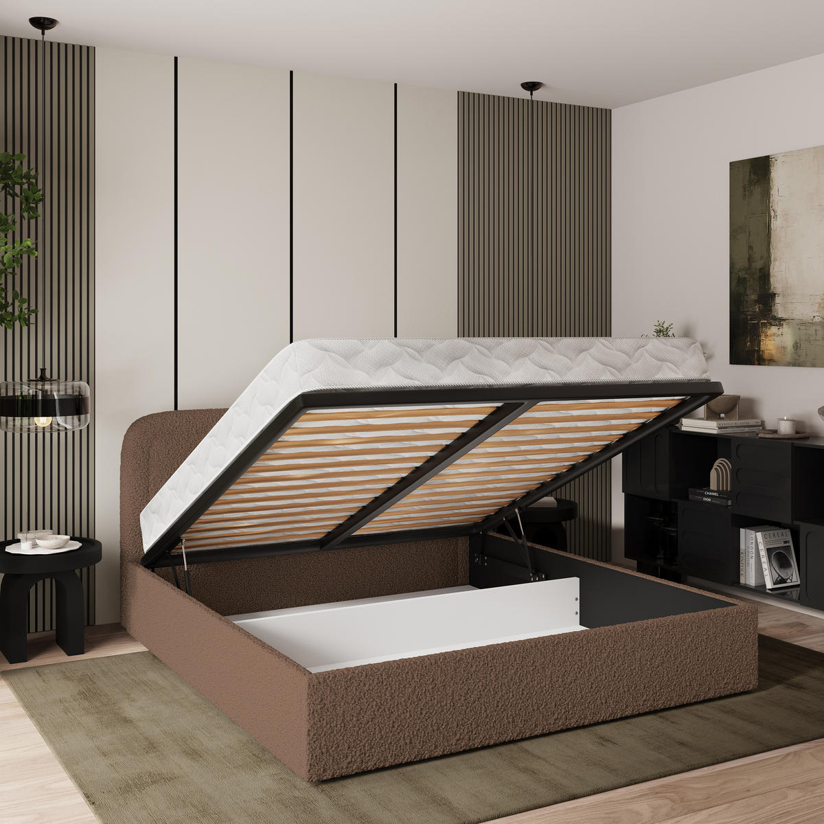 POLSTERBETT BENIRA Q 120x200 cm mit Bettkästen - Braun - Braun, Holz/Textil - MASSENO