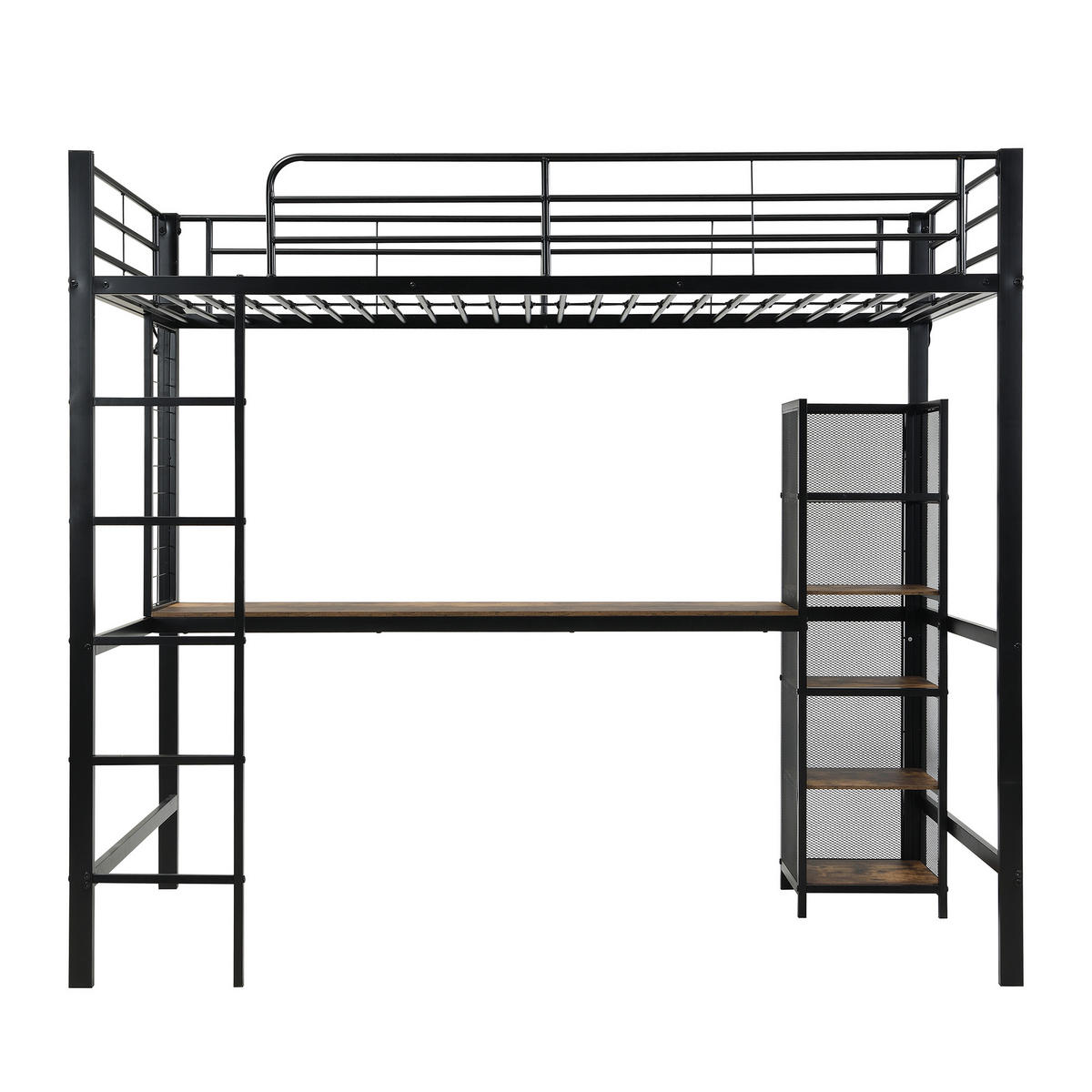 HOCHBETT 90/200 cm in Schwarz & Dunkler Holzfarbe mit Schreibtisch, Regal und Metallgitter - Schwarz, Holz/Metall (90/200cm) - STILVORA