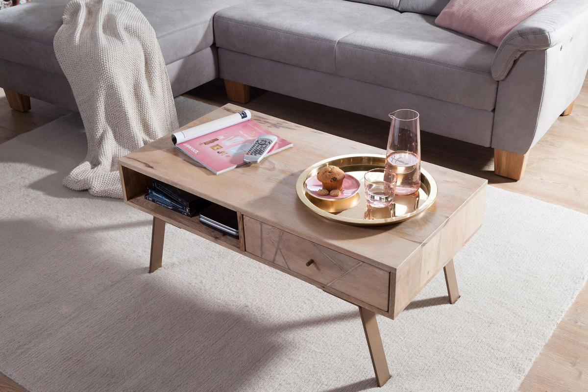 COUCHTISCH in Rustikalem Landhausstil, Massives Mangoholz und Metall, Maße 95x42x50 cm - Beige/Braun, Holz/Metall (50/95/42cm) - KADIMA DESIGN