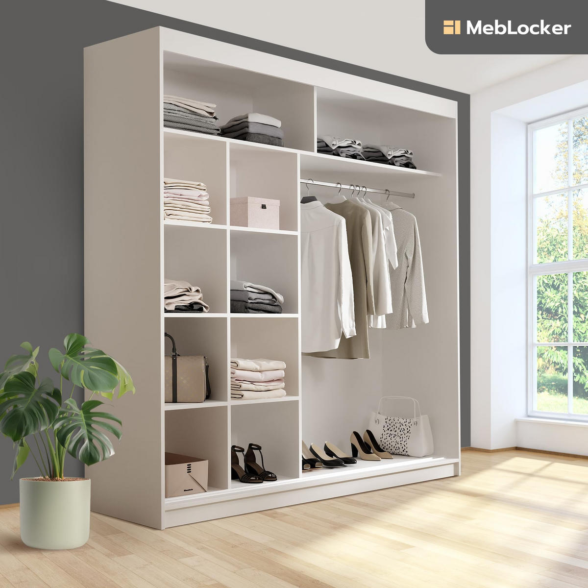 SCHIEBETÜRENSCHRANK mit Spiegel Weiß - Weiß, Holzwerkstoff (200/215.5/59cm) - MebLocker