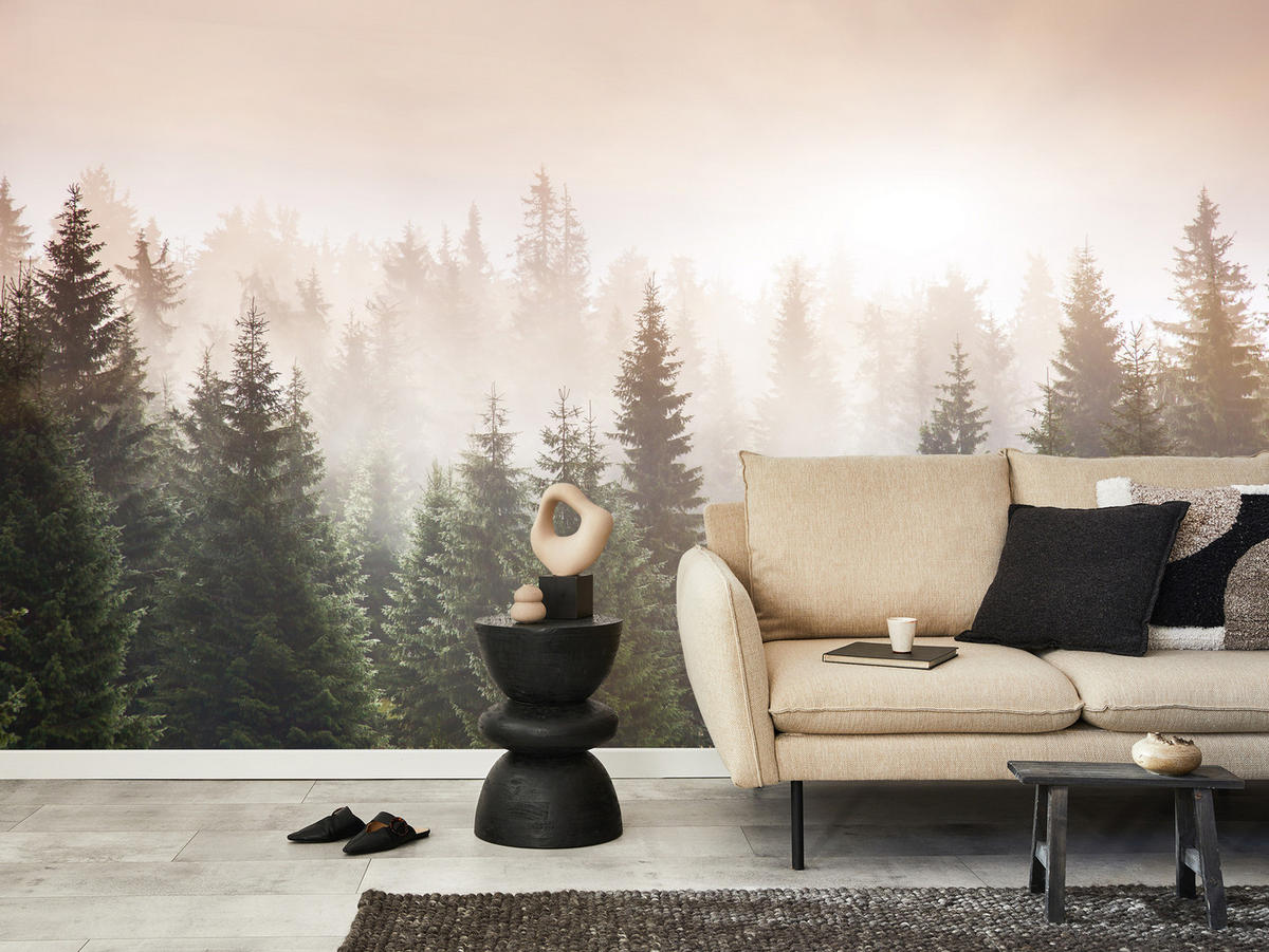 FOTOTAPETE für Wohnzimmer Nadelwald Bäume im Nebel Mystisch 450x315 - Orange/Braun, Papier (450/315cm) - Muralo