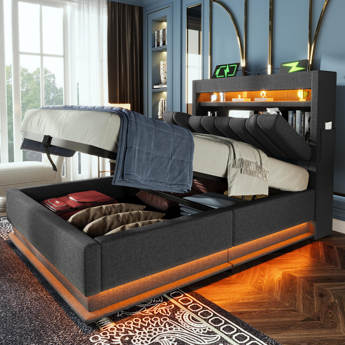 POLSTERBETT 90/200 cm Grau aus Leinen mit LED, USB/Typ-C und Bettkasten mit Matratze - Grau, Textil (90/200cm) - OKWISH