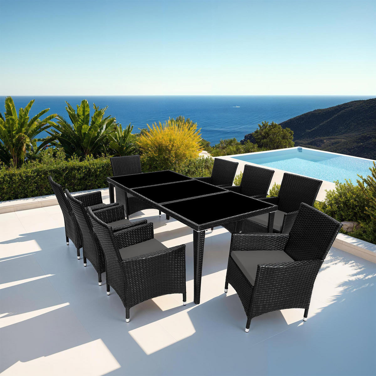 RATTAN SITZGRUPPE Menorca,2 Bezugssets, inklusive Schutzhülle,schwarz - Schwarz, Kunststoff - tectake