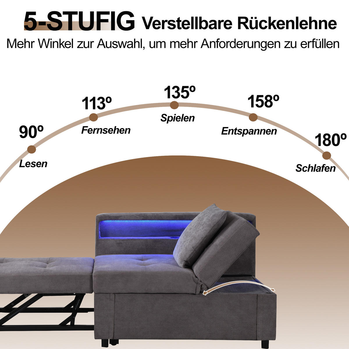 SCHLAFSOFA 3-in-1 Leinenstoff mit 5-fach verstellbarer Rückenlehne und USB-Anschluss Dunkelgrau 177/68/65 cm - Dunkelgrau, Textil (68/65/177cm) - Redom