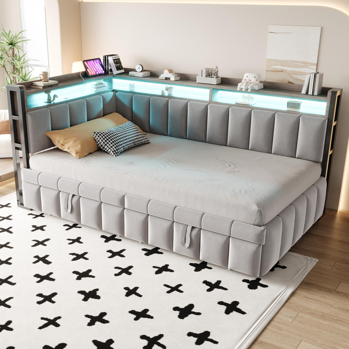 SCHLAFSOFA 90/200 cm & 90/190 cm in Hellgrau Samt mit LED, USB und Ablage - Hellgrau, Holzwerkstoff/Textil (90/200cm) - WISHDOR