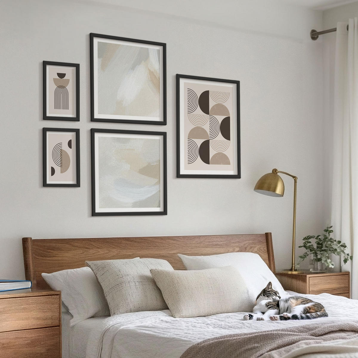 BILDER SET 5er Set - 50x50 cm & 20x30 cm & 40x60 cm Schwarzer Rahmen - Abstrakte geometrische Muster - Schwarz, Kunststoff (40/60cm) - TULUP