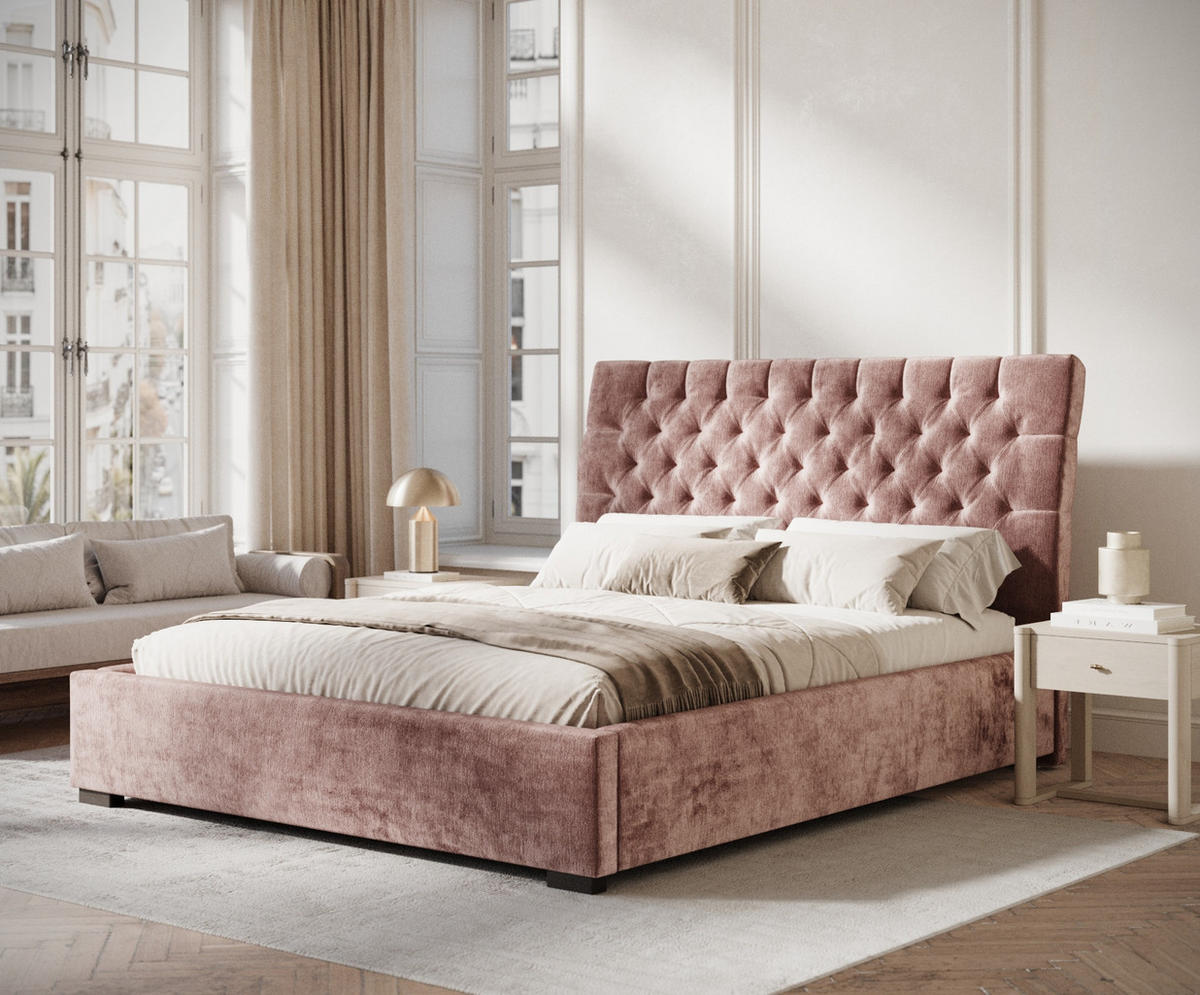 POLSTERBETT Vezzola Rosa 180/200 cm im Chenille-Stoff - Pink/Schwarz, Holz/Holzwerkstoff (180/200cm) - Maison de Reve