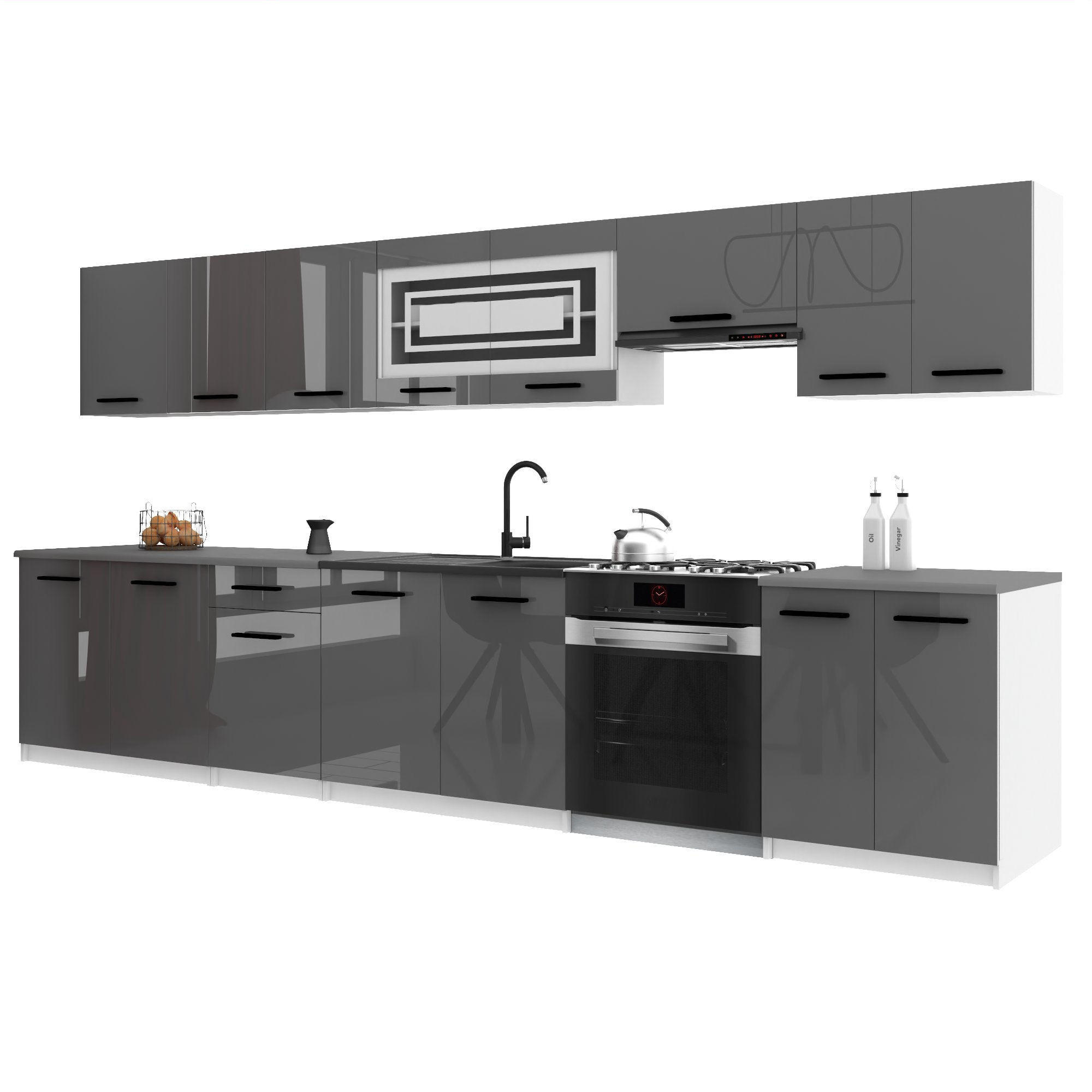 KÜCHENZEILE Italia 3 320 cm, mit Arbeitsplatten, Grau Hochglanz - Grau, Holz (320/143/60cm) - B BELINI GROUP