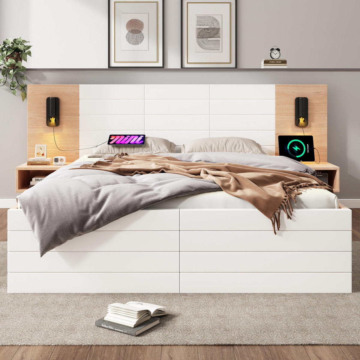 DOPPELBETT 140x200cm Holzbett Leselicht USB-Ladung 2 Schubladen Eiche-Weiß - Weiß, Holz - FLIEKS
