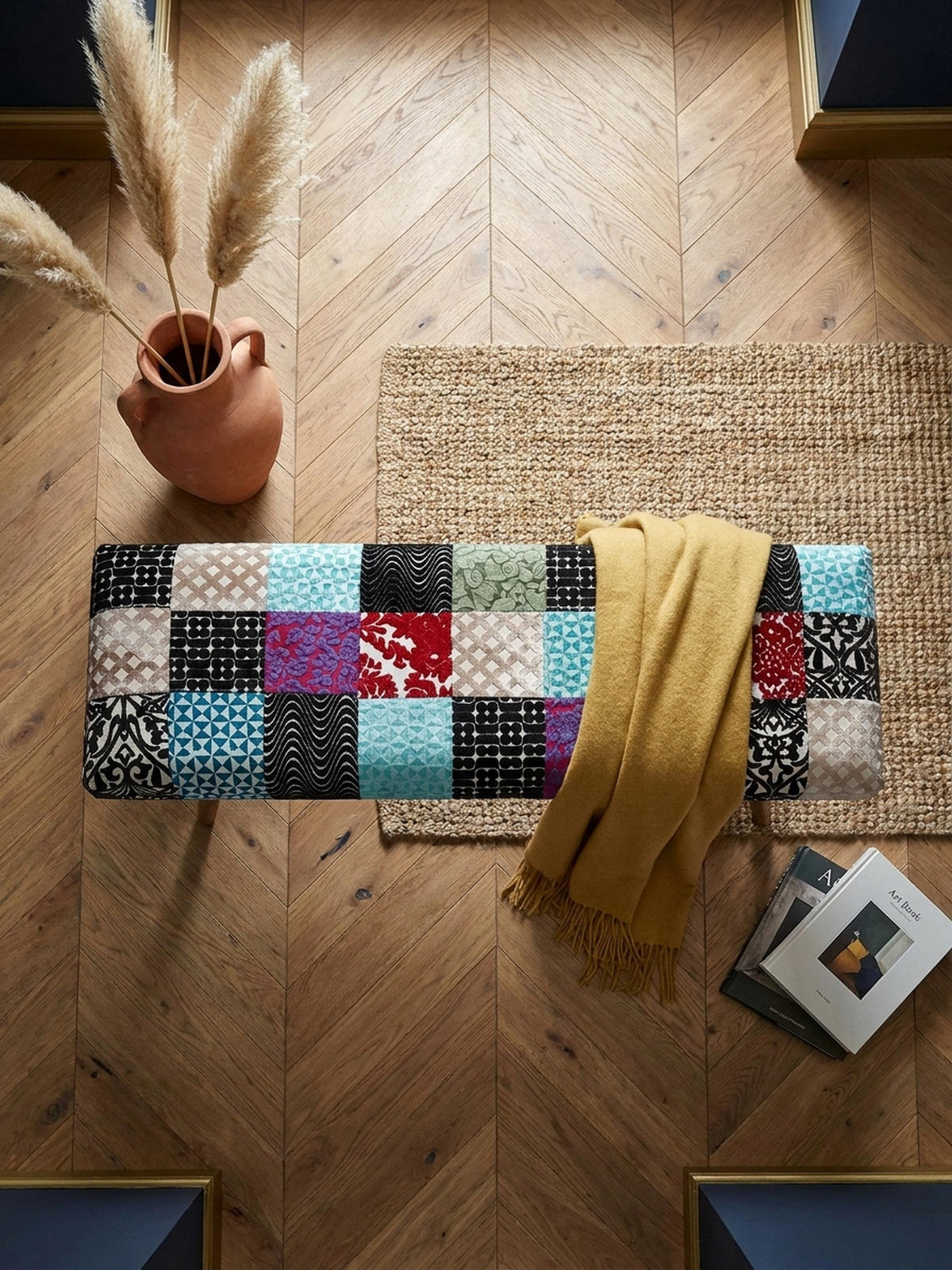 SITZBANK – Patchwork-Stoff, Massivholzbeine - Multicolor/Braun, Mangoholz/Textil (117/51/38cm) - KADIMA DESIGN