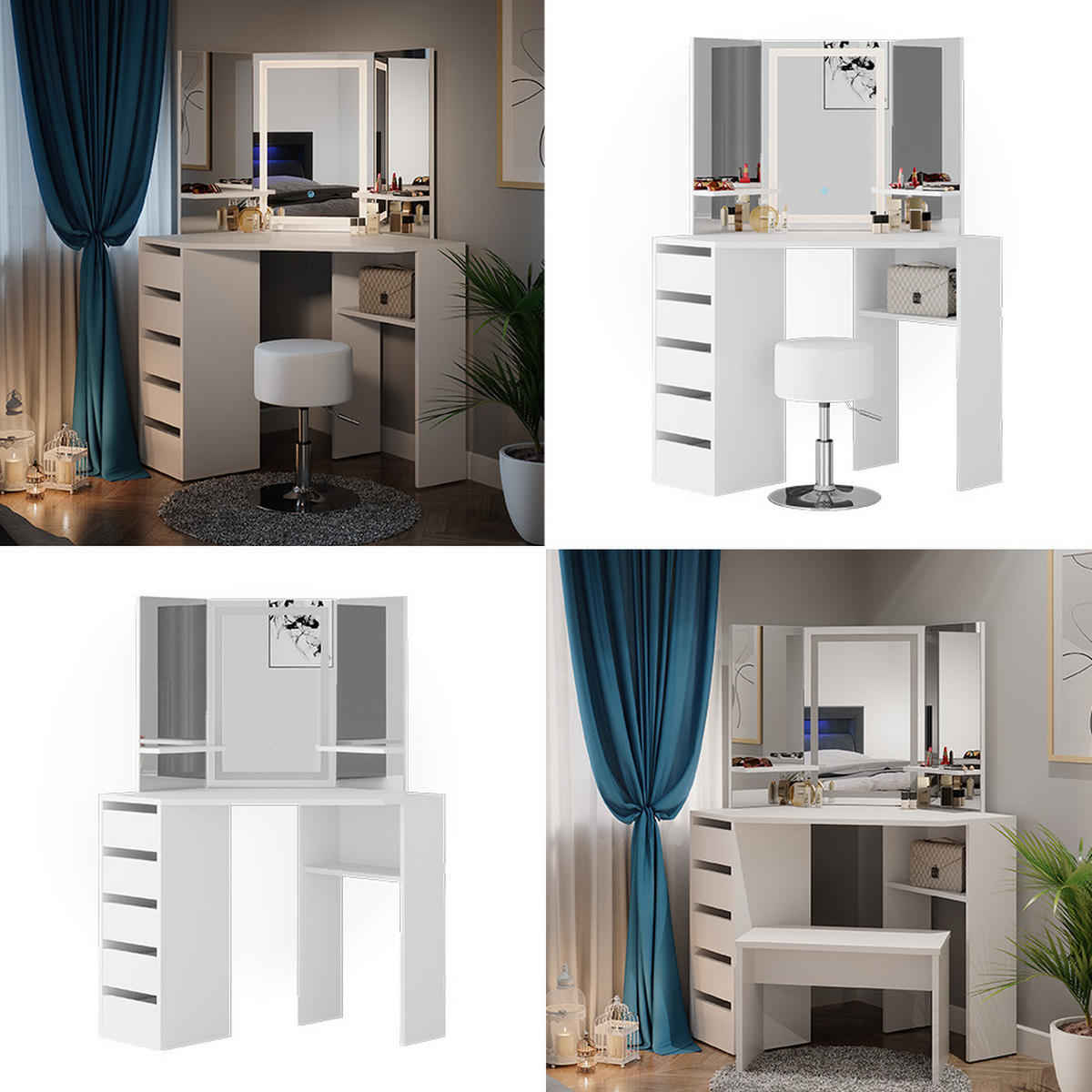 ECKSCHMINKTISCH Arielle Weiß 110 cm mit LED-Spiegel - Weiß, Holzwerkstoff (110/141.5/54cm) - Vicco