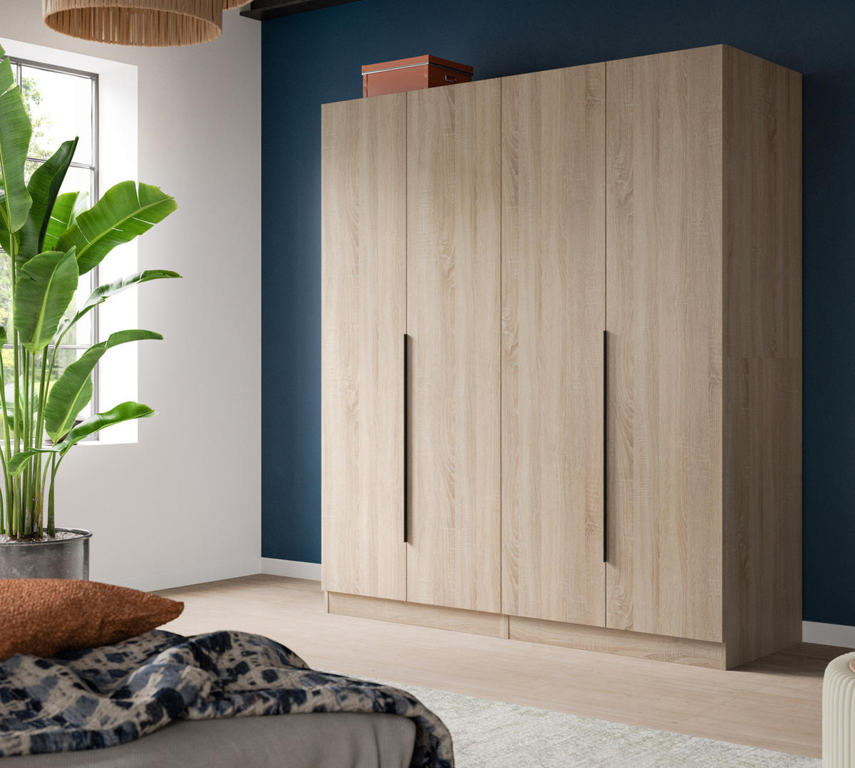 KLEIDERSCHRANK Eiche Sonoma 4-türig 160 x 181 cm, Drehtürenschrank mit zusätzlichen Einlegeböden - Eichefarben/Schwarz, Holzwerkstoff/Kunststoff (160/181/52cm) - Inn.Furn