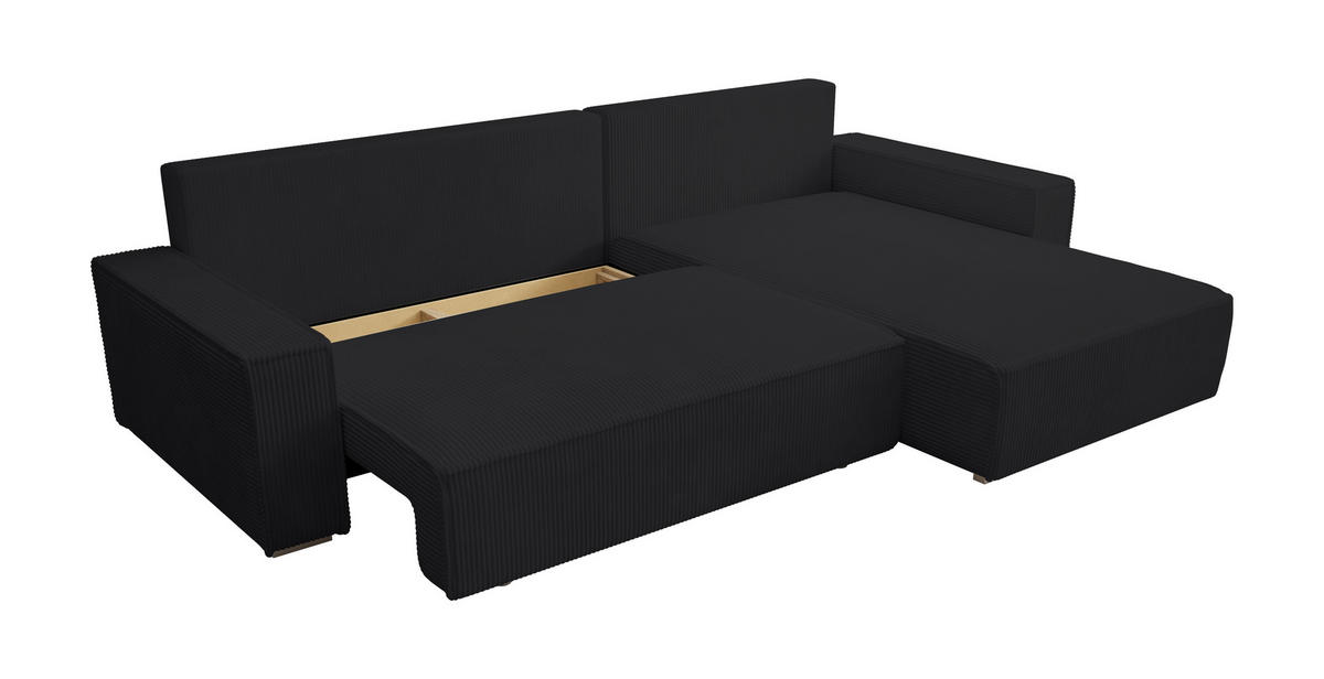 ECKSOFA Alice mit Bettkasten und Schlaffunktion, Cordstoff in L-Form - Schwarz, Textil (289/184cm)