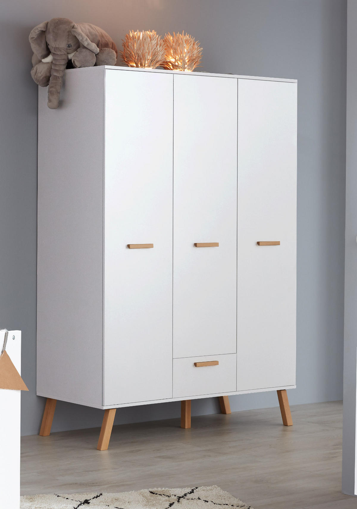 KLEIDERSCHRANK weiß matt mit Buche massiv, 3-türig 130 x 190 cm für Baby- und Kinderzimmer - Eichefarben/Buchefarben, Holz/Holzwerkstoff (60/190/130cm) - Top.Furn