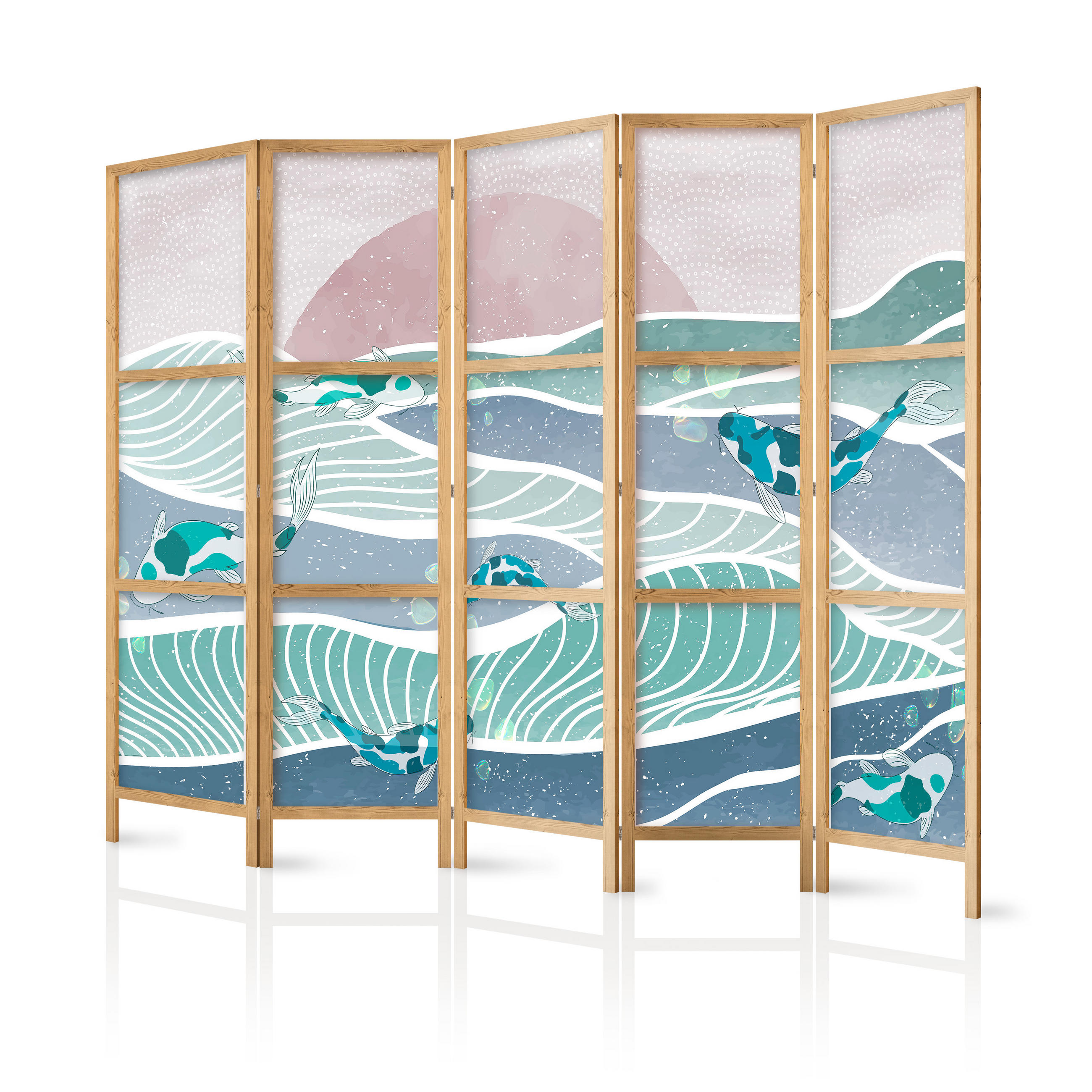 PARAVENT Japanischer 5-tlg 225x172 cm Koi-Fische Meereswellen - Blau, Holz/Textil (225/172/3cm) - Muralo
