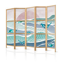 PARAVENT Japanischer 5-tlg 225x172 cm Koi-Fische Meereswellen - Blau, Holz/Textil (225/172/3cm) - Muralo