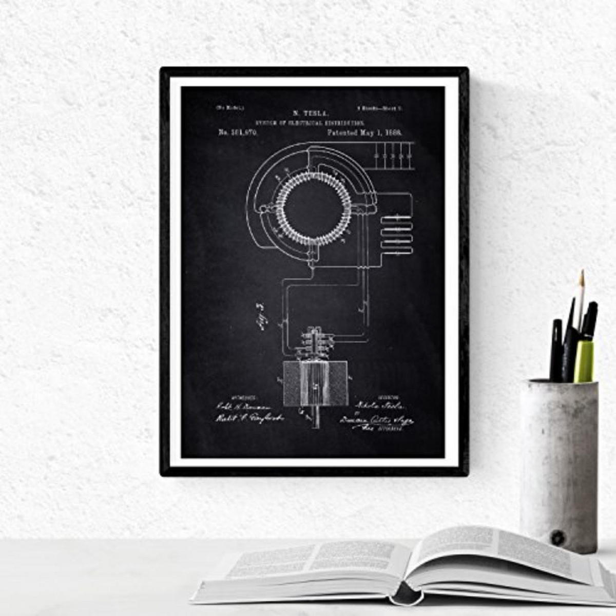 POSTER Set mit 4 Schwarz Patenten Strom A4 Schwarzer Rahmen - Schwarz, Papier (29.7/3cm) - Nacnic