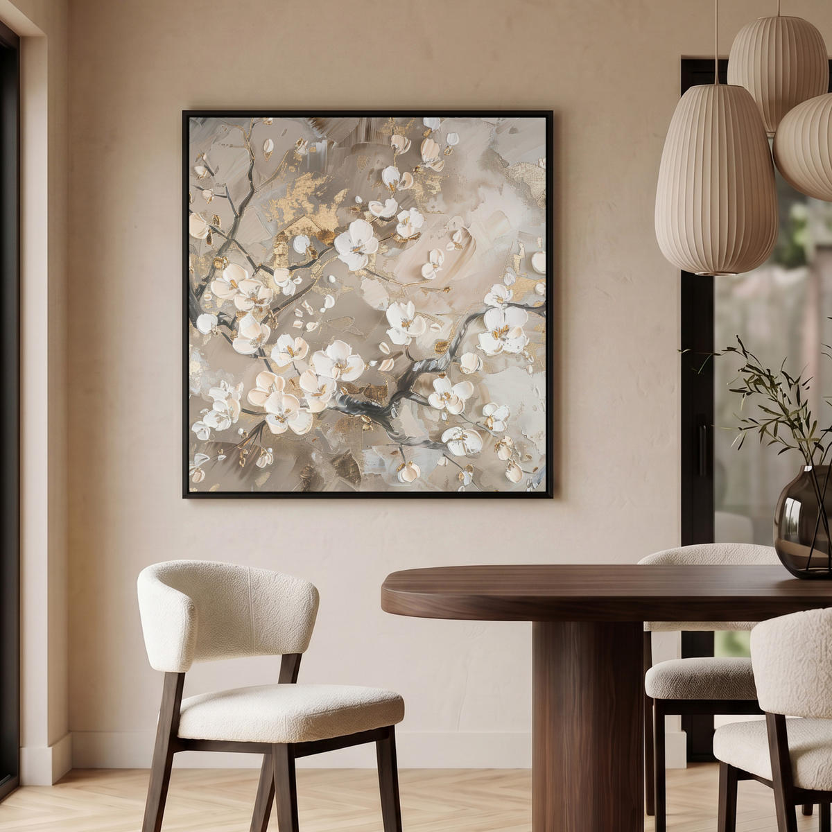 LEINWAND Bilder mit Rahmen - Blumen - Weiß - Gold - Beige - Luxus - 90x90 - Greige, Textil (90/90cm) - MuchoWow
