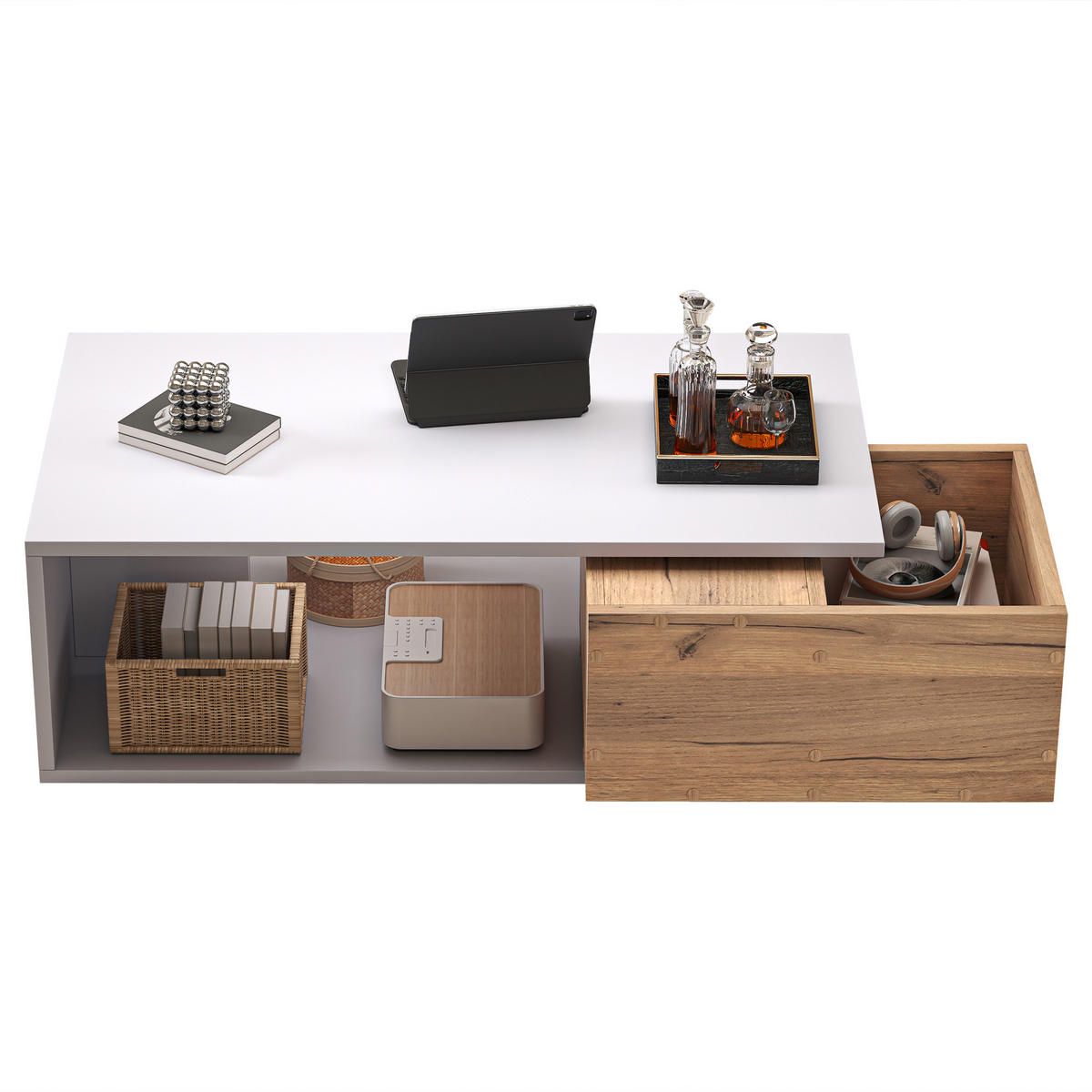 COUCHTISCH 90/50/30 cm Weiß mit 360° drehbarer Schublade und offenem Stauraum - Eichefarben, Holzwerkstoff (90/50/30cm) - OKWISH